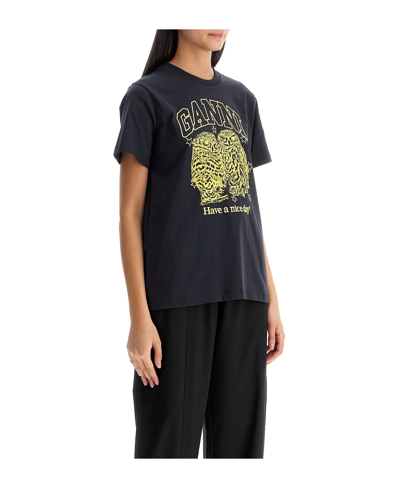 Ganni Owls Print Logo T-shirt - PHANTOM (Black)