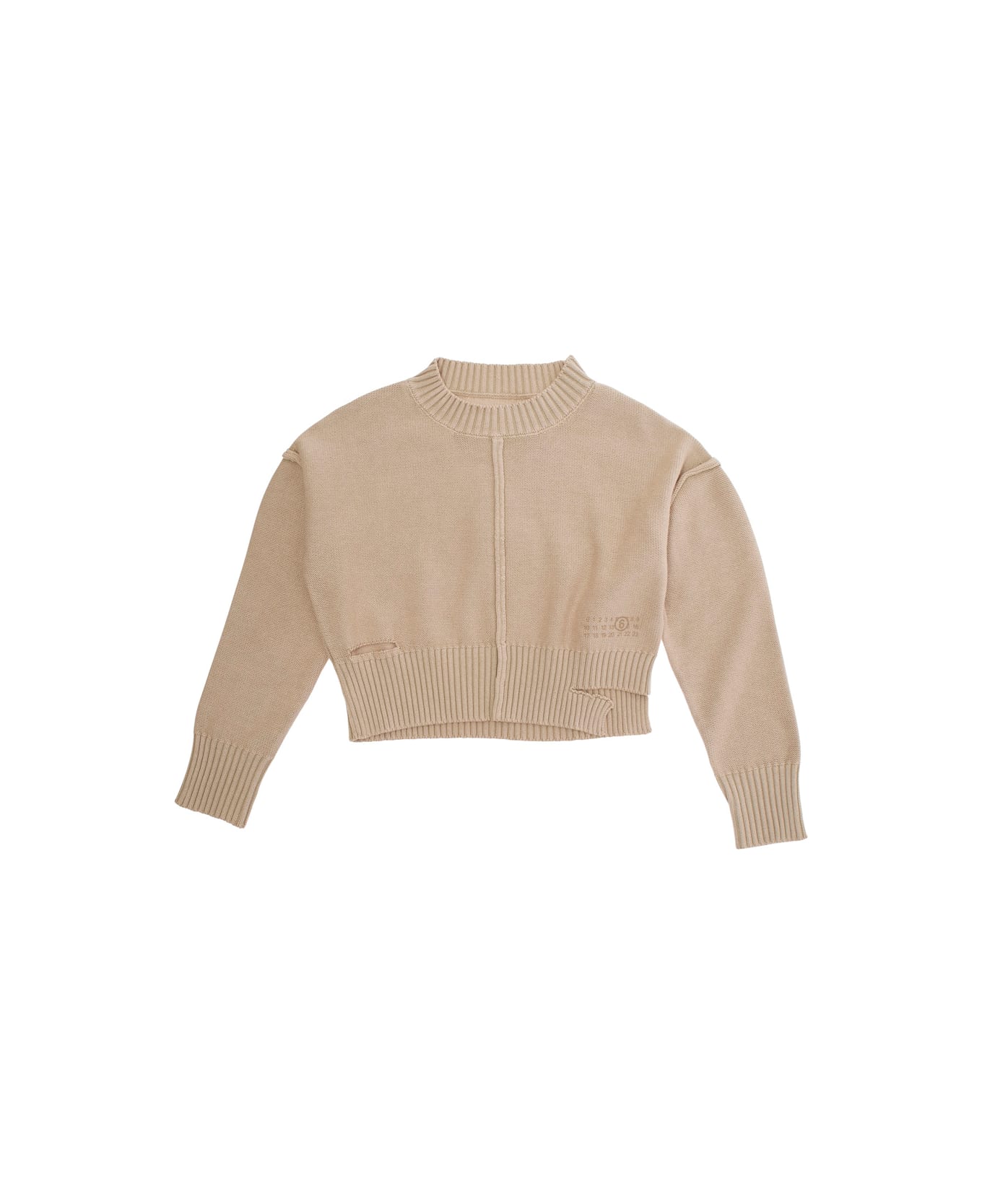MM6 Maison Margiela Beige Sweater With Tear Details And Logo Printed On The Front In Cotton Girl - Beige
