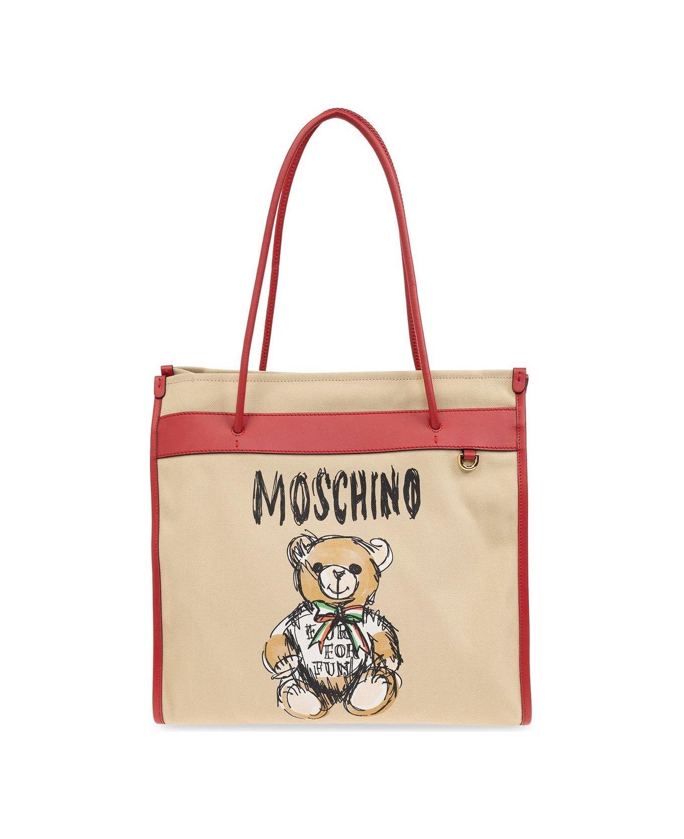 Moschino Teddy Bear Printed Top Handle Bag - Beige/rosso