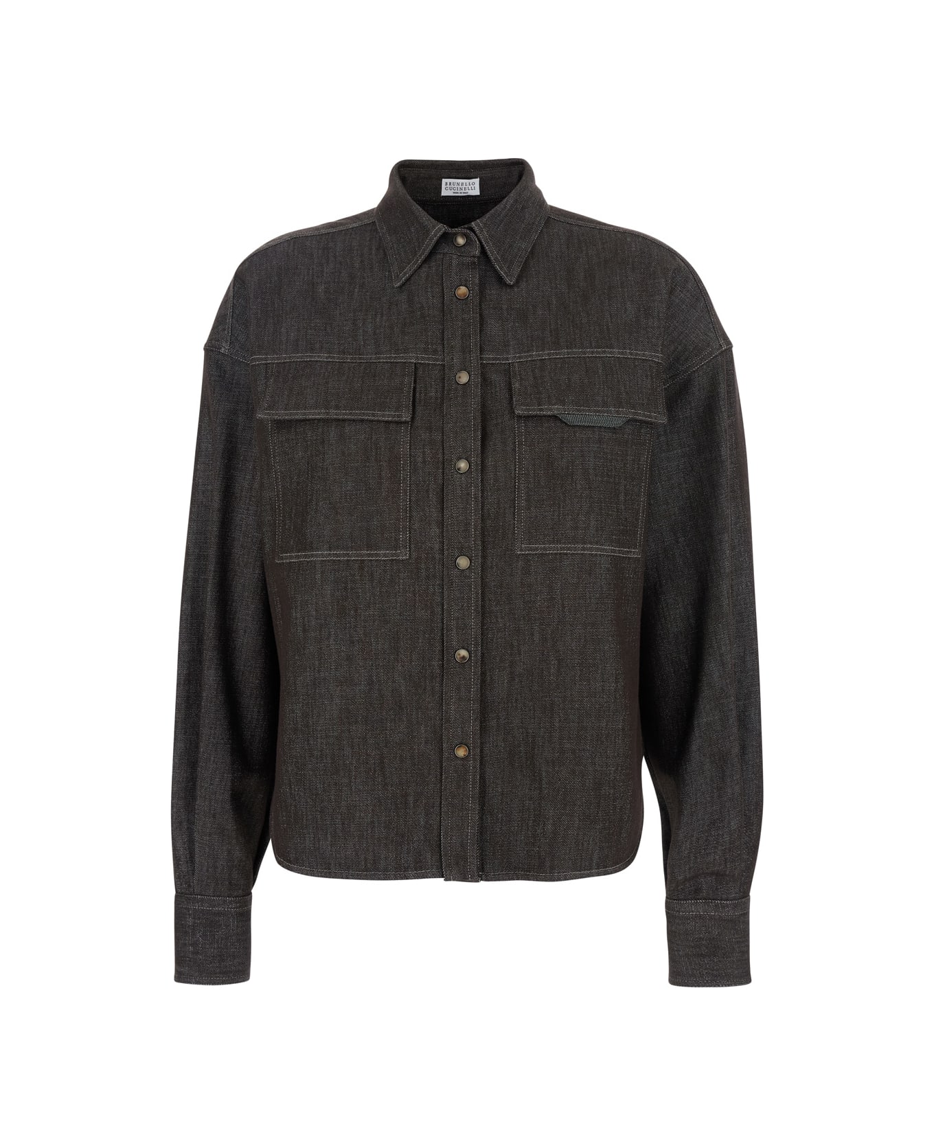 Brunello Cucinelli Brown Shirt With Classic Collar And Monil Detail On The Pocket In Cotton Blend Woman - Brown