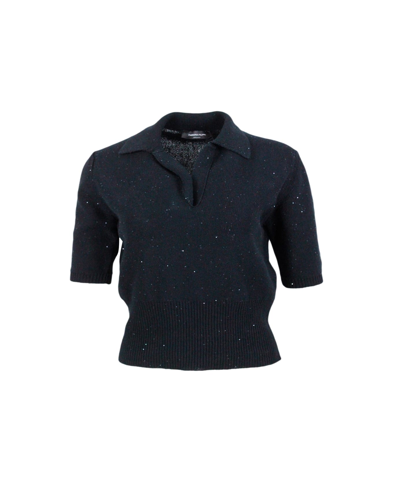 Fabiana Filippi Short-sleeved Polo Shirt In Cotton And Linen, Embellished With Brilliant Applied Micro-sequins - Black