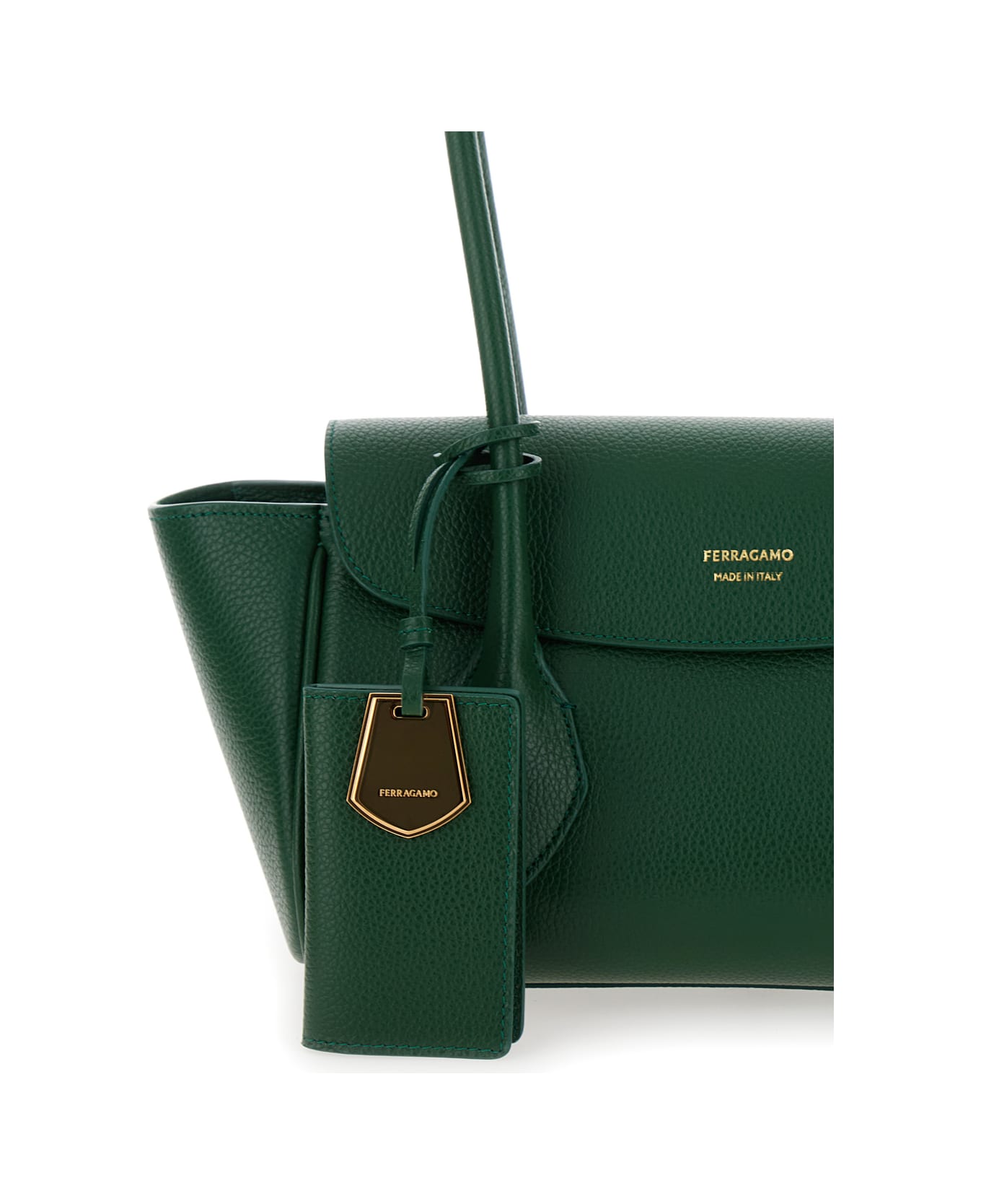 Ferragamo 'east-west S' Green Handbag With Logo Detail In Hammered Leather Woman - Green