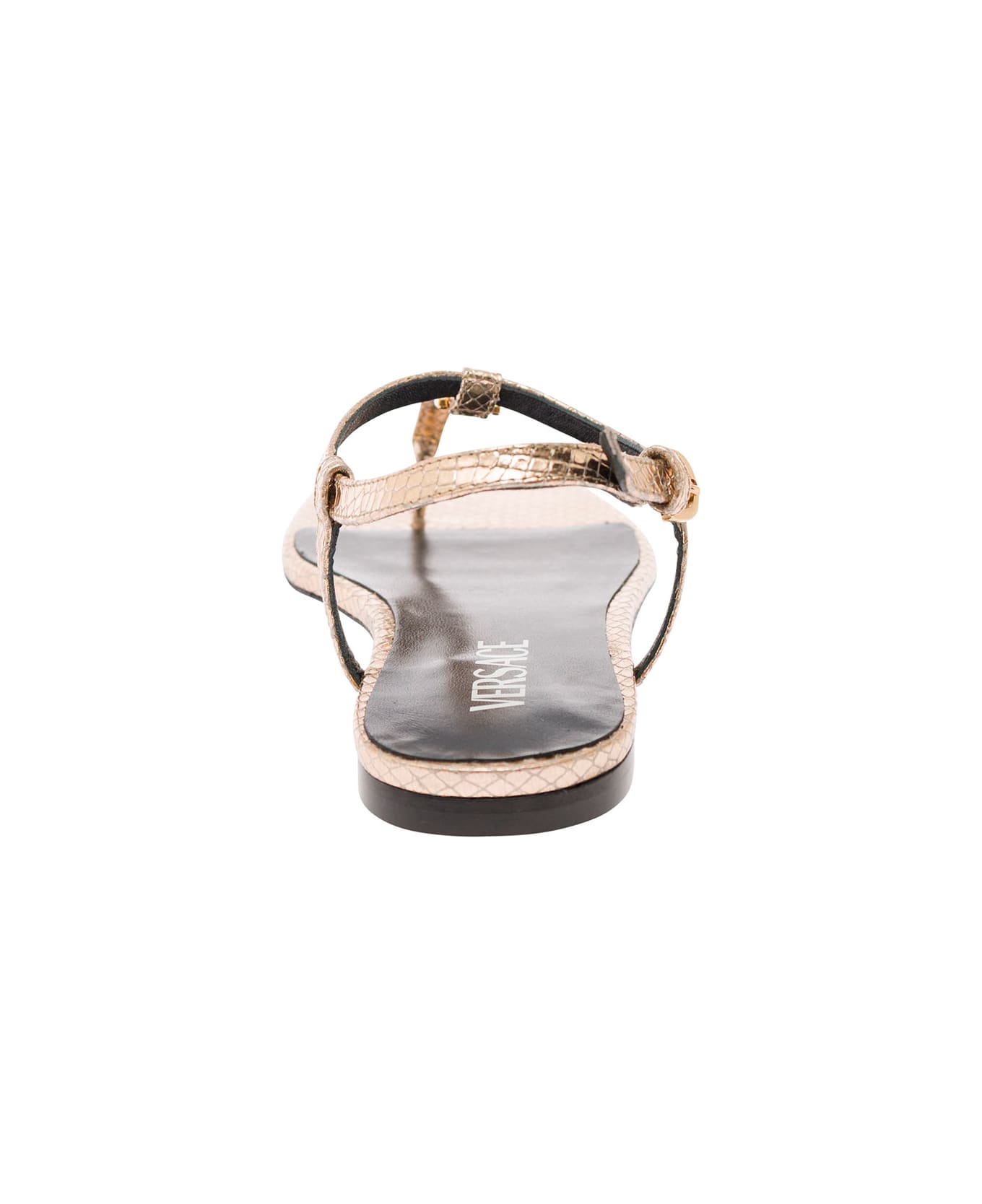 Versace 'medusa '95' Gold-colored Low Sandals With Logo Detail In Snake-printed Leather Woman - Metallic