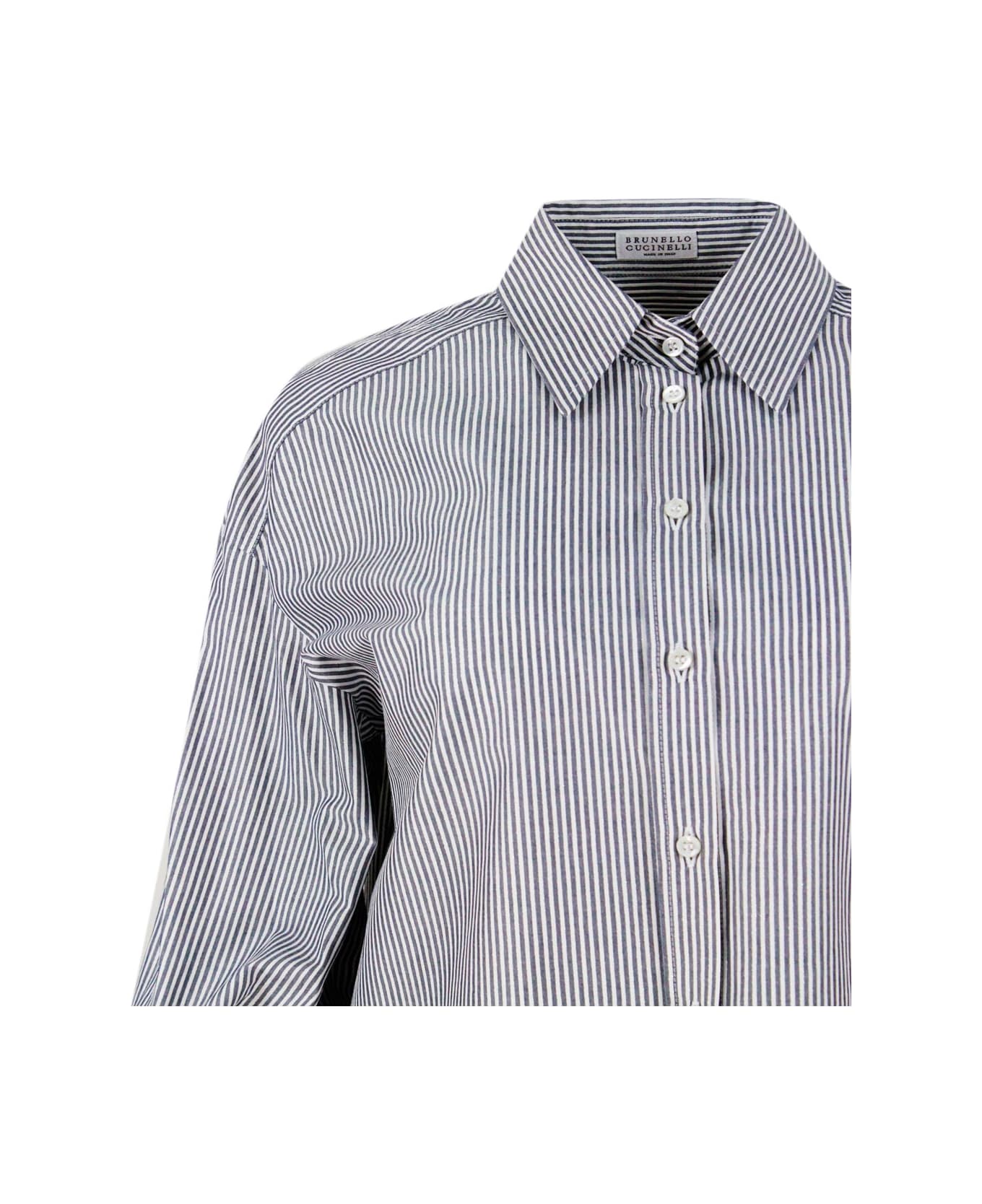 Brunello Cucinelli Long-sleeved Shirt Made Of Cotton With A Striped Pattern Embellished With Bright Lurex Threads - Blu シャツ