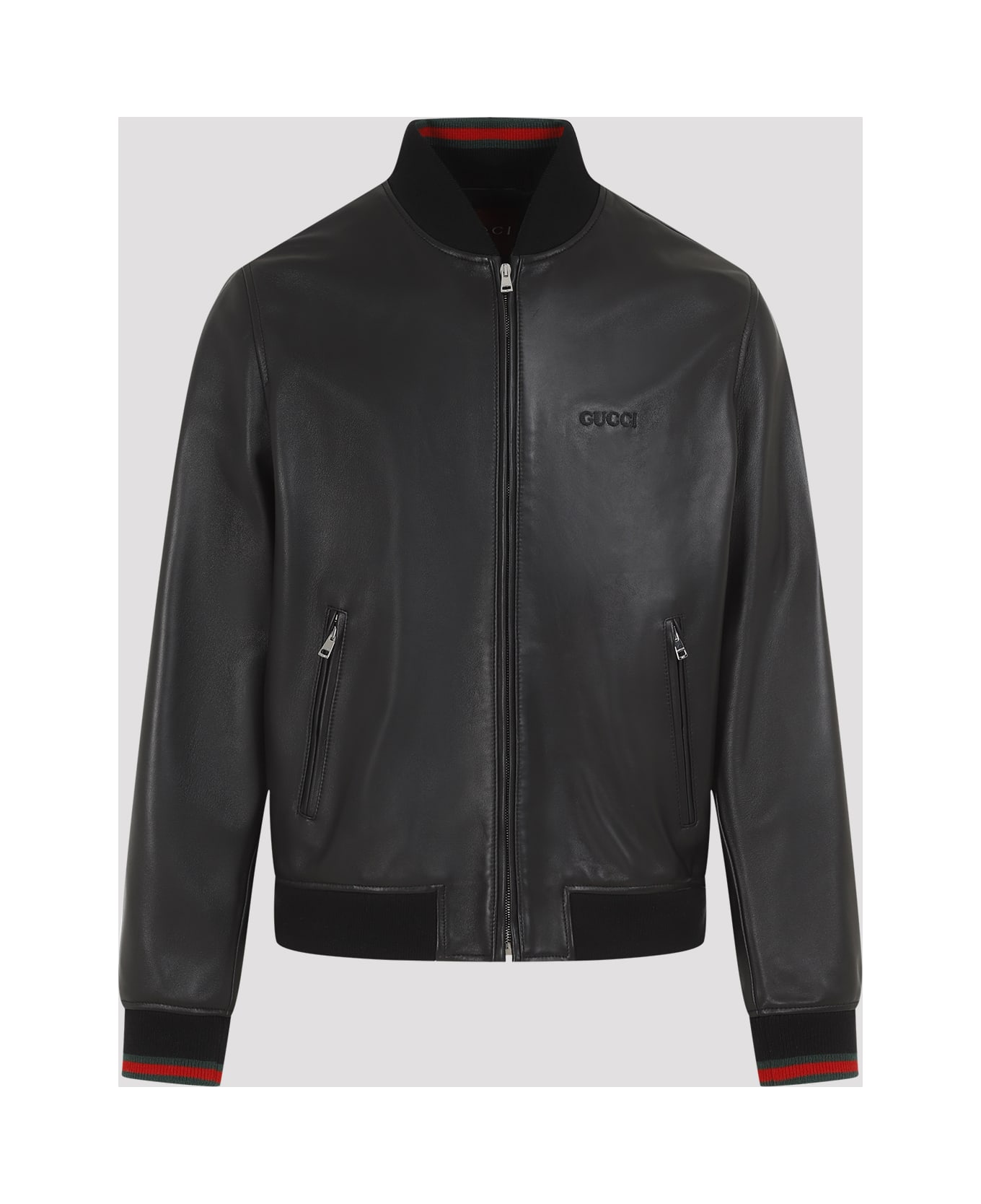 Gucci Leather Bomber Jacket - Black Green Red