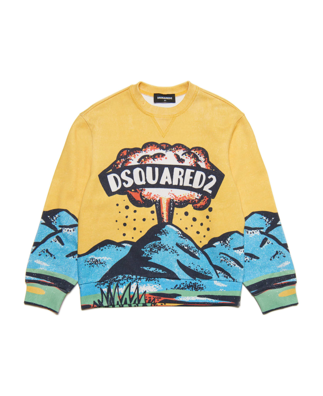 Dsquared2 D2s764u Sweat-shirt Dsquared Cotton Crew-neck Sweatshirt With Volcano Graphics - Lemon Chrome