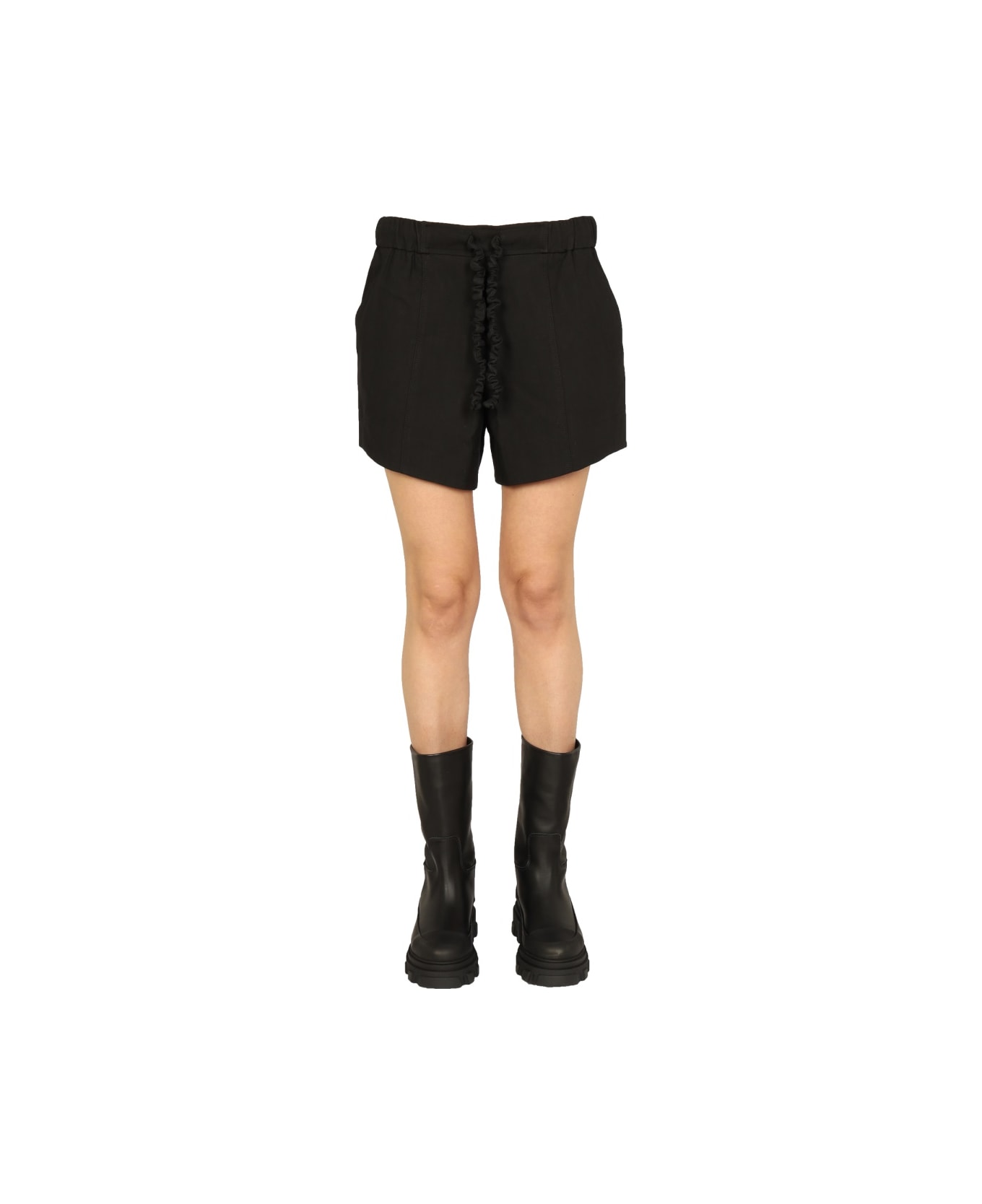 Ganni Ruffled Elastic Shorts - BLACK ショートパンツ