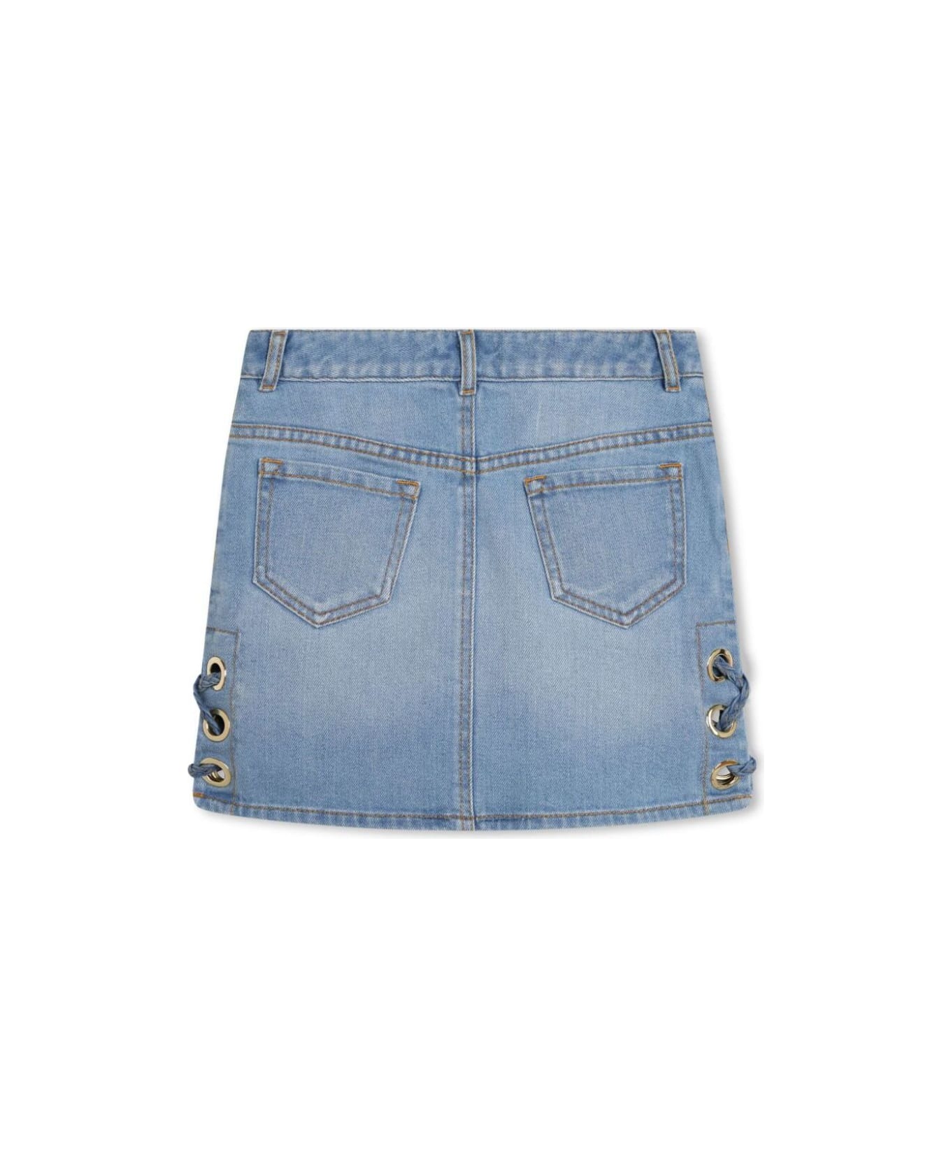 Chloé Mini Light Blue Skirt With Eyelets And Logo Embroidery In Cotton Denim Girl - Grey
