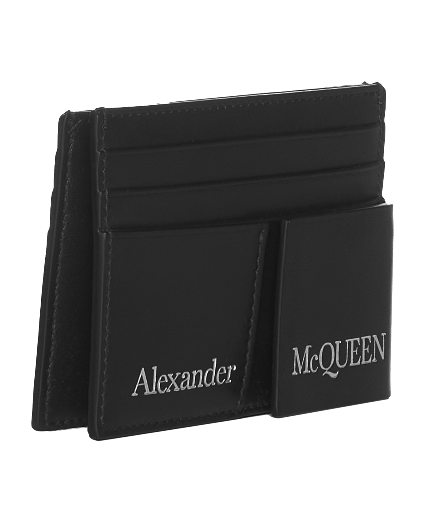 Alexander McQueen Double Card Holder In Black Leather With Logo - Nero