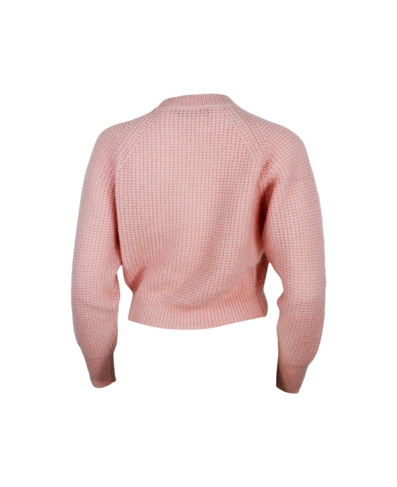 Fabiana Filippi Long-sleeved Crew-neck Sweater In Mohair, Cropped Model With Raglan Sleeves And Diamond Stitch Work - Pink