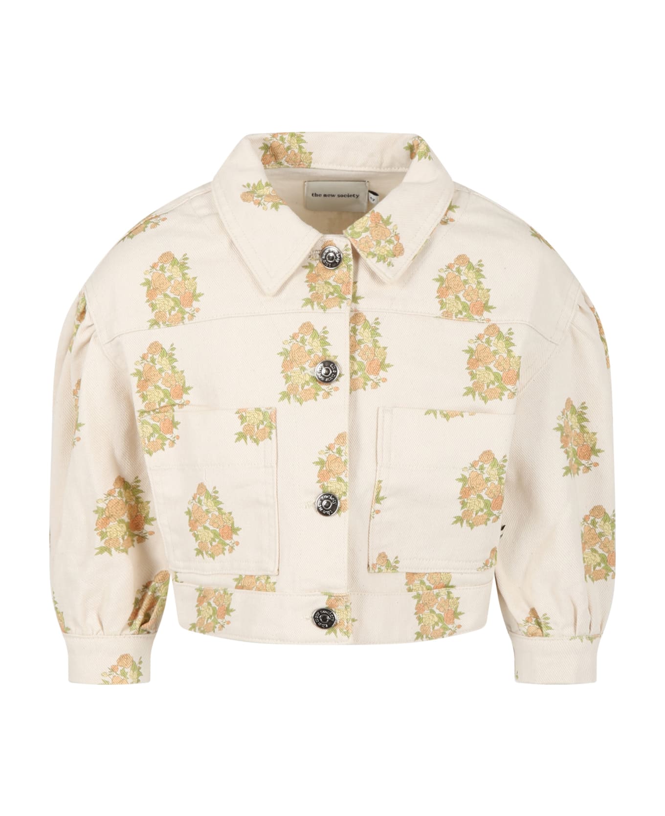 The New Society Ivory Jacket For Girl With Flowers And Logo - Ivory
