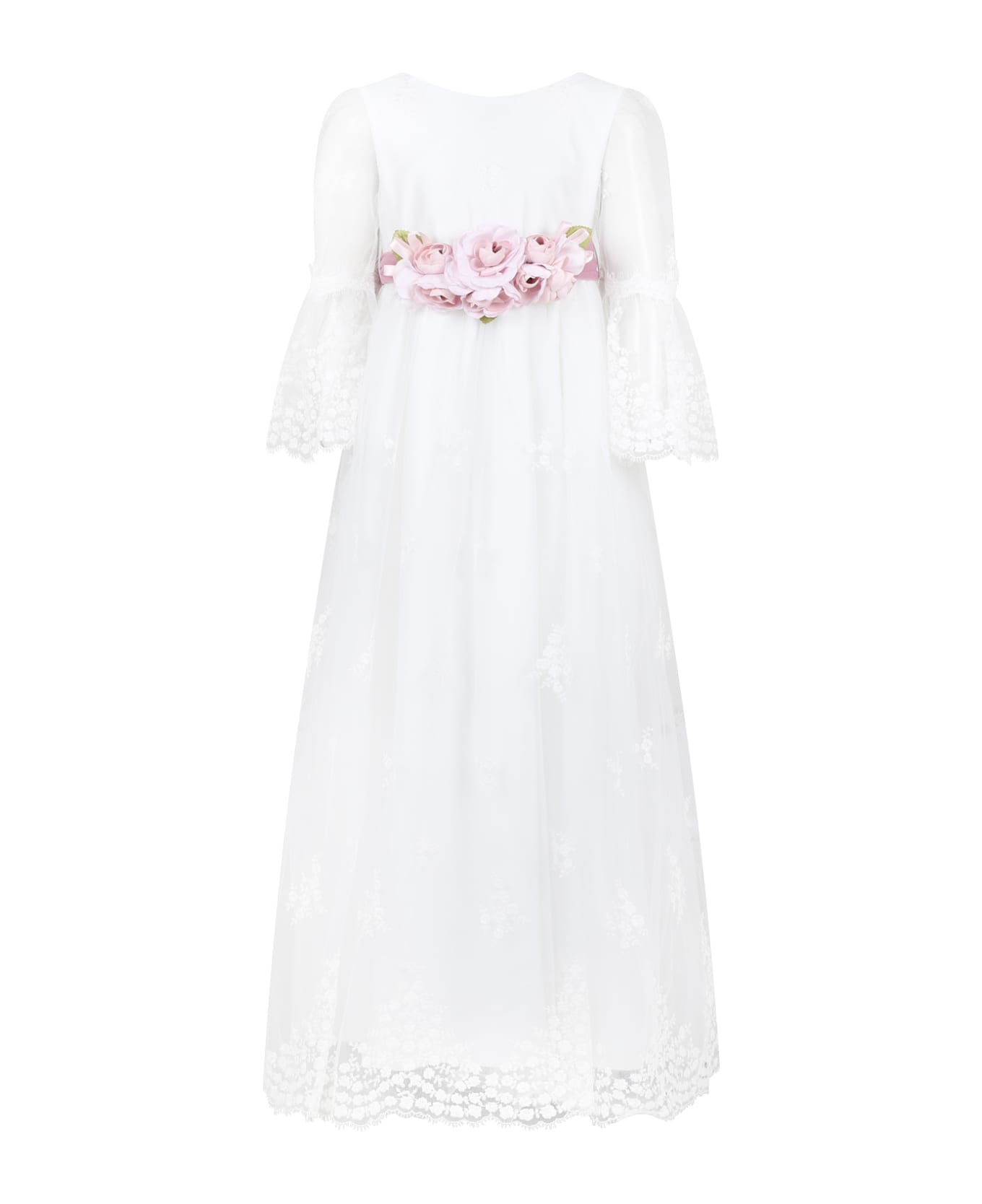Monnalisa Long White Dress For Girl With Embroidery - White