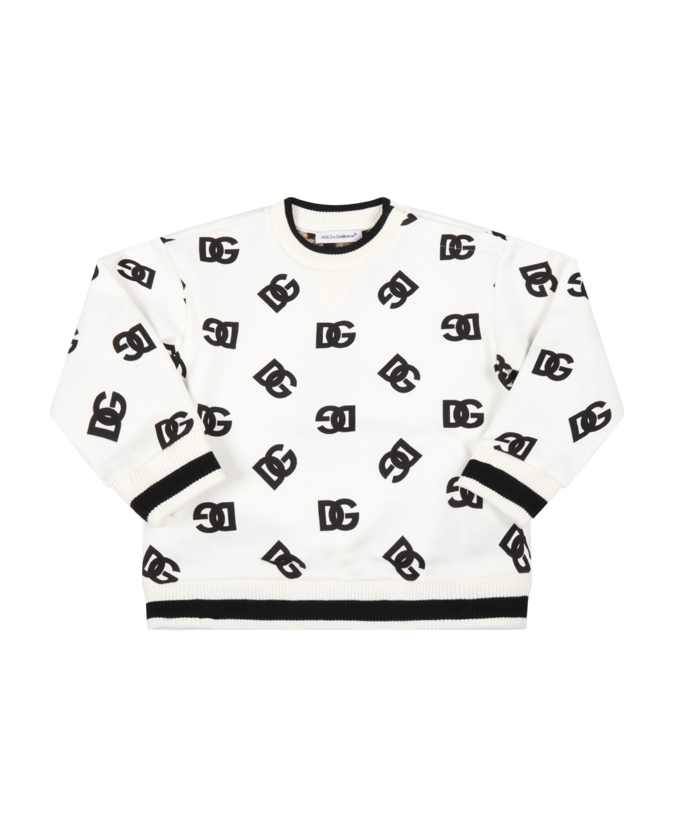 Dolce & Gabbana White Sweatshirt For Babykids With Black Logo - White