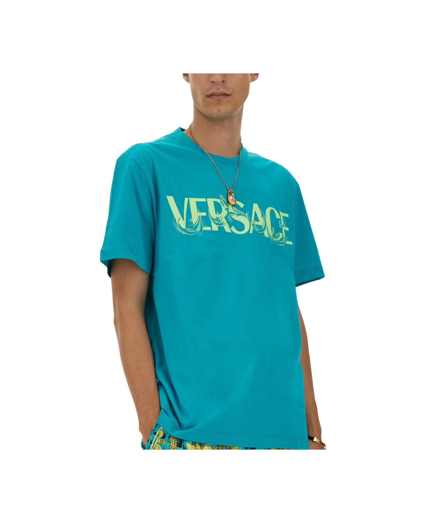 Versace T-shirt With Baroque Logo - GREEN