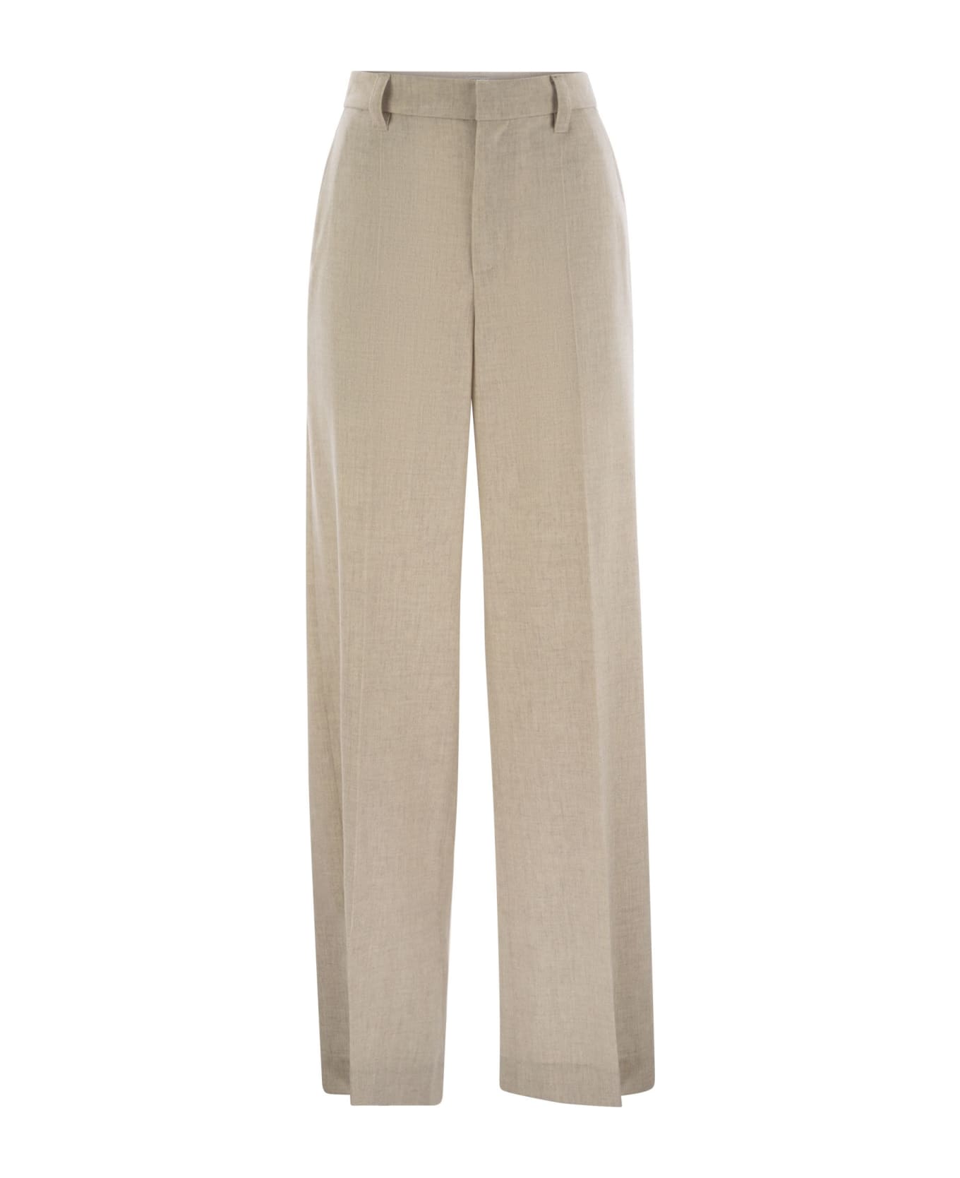 Brunello Cucinelli Wide High-waisted Wool And Cashmere Trousers With Necklace - Beige