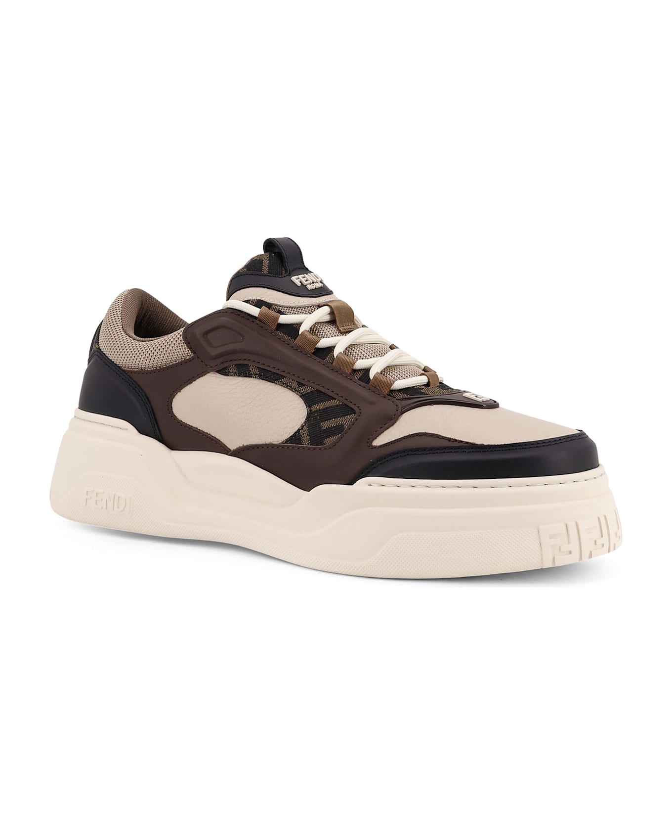 Fendi Force Leather Sneakers With Ff Jacquard Fabric Inserts - NERO+LATTE+BEIGE スニーカー