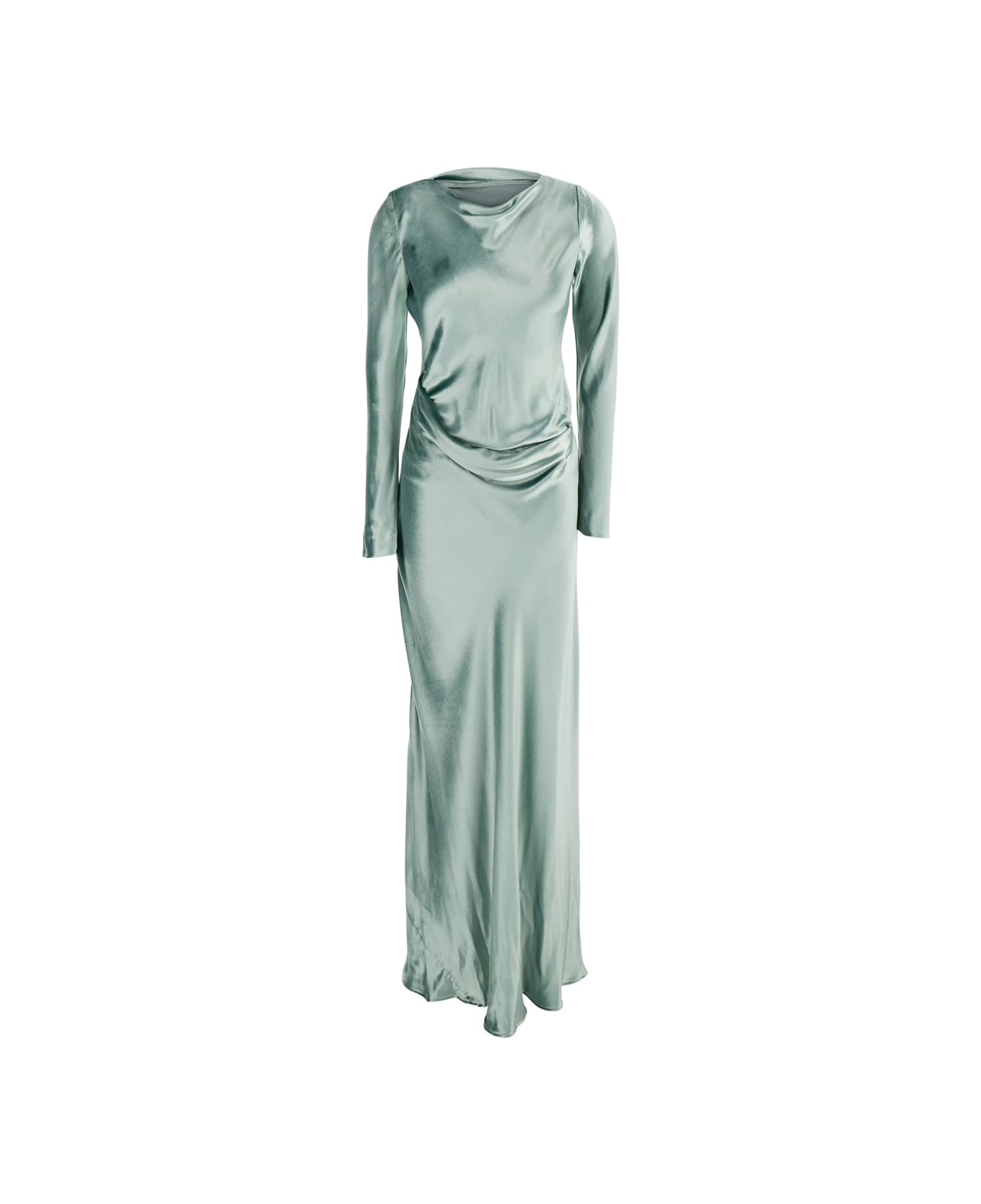 Alberta Ferretti Green Long Dress With Draped Details And Long Sleeves In Glossy Satin Woman - MULTICOLOUR