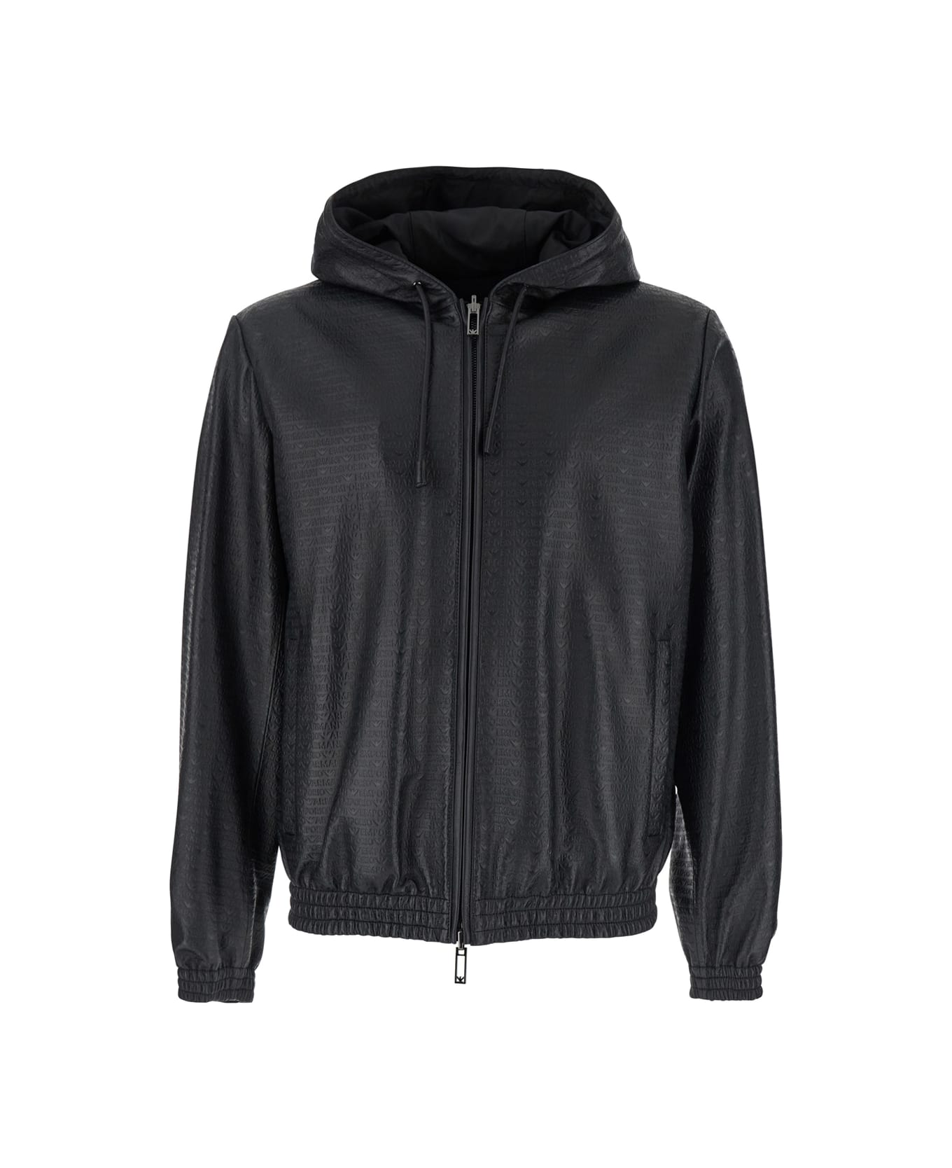 Emporio Armani Black Reversible Jacket With Drawstring Hood And All-over Embossed Logo In Leather Man - Black