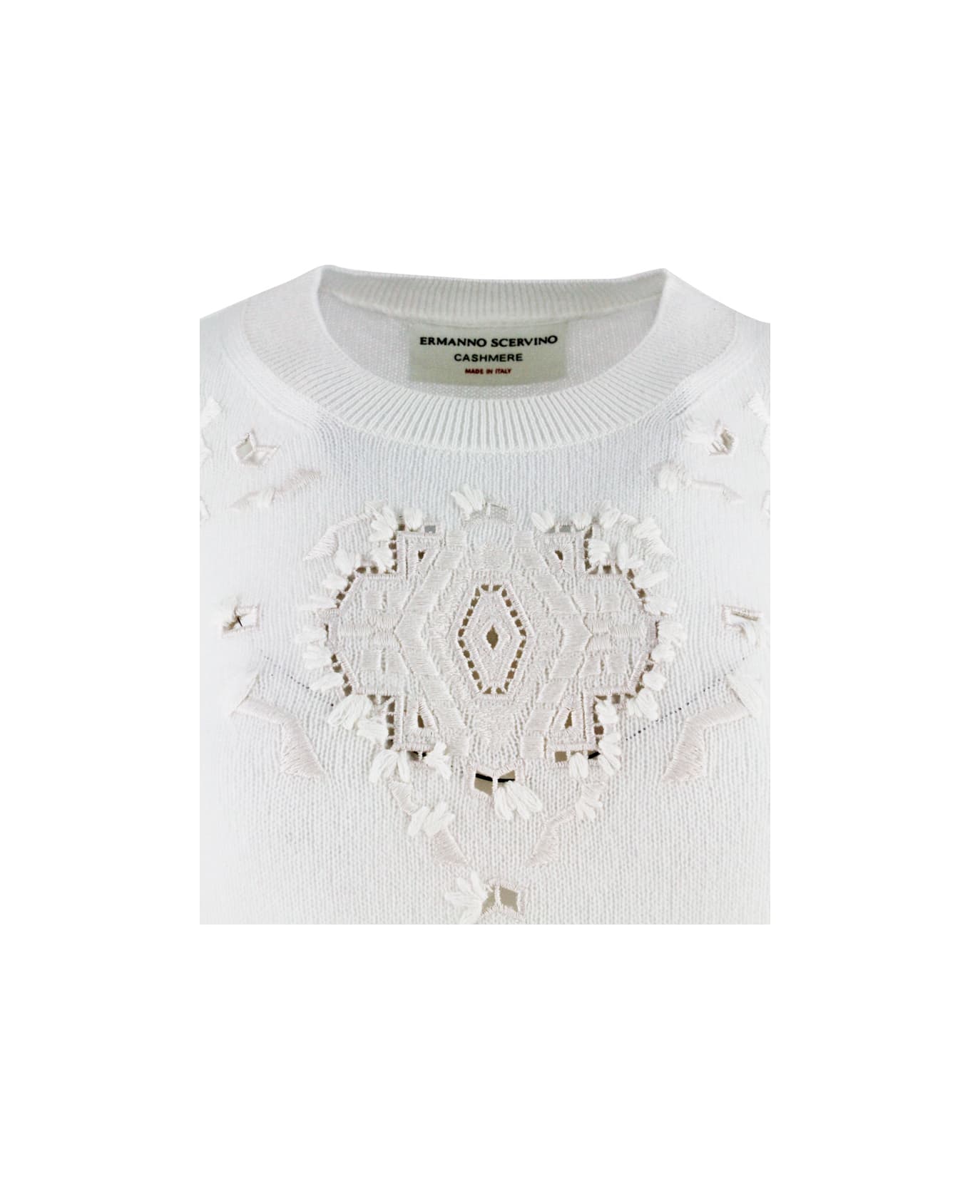 Ermanno Scervino Long-sleeved Crewneck Sweater In Cashmere With Embroidery - White
