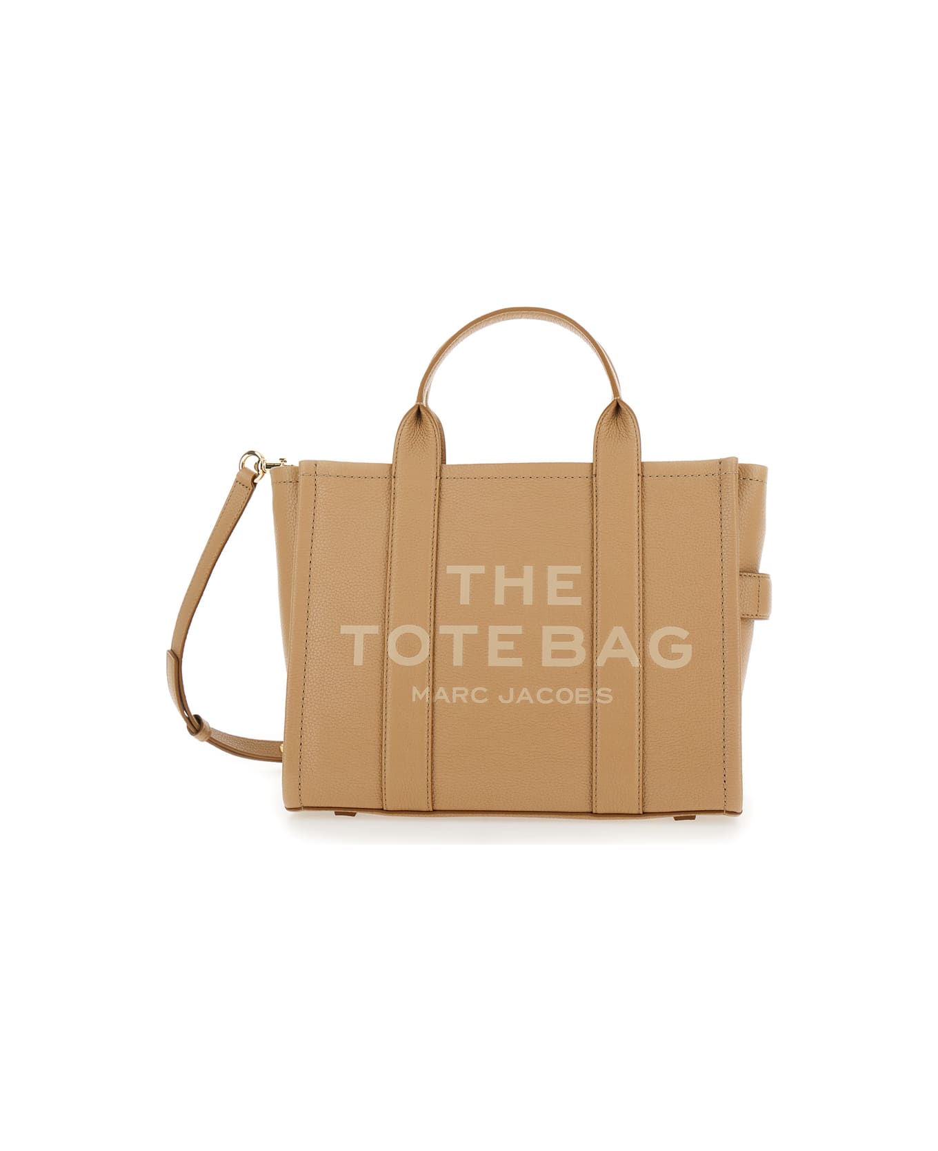 Marc Jacobs 'the Medium Tote Bag' Beige Shoulder Bag With Logo In Grainy Leather Woman - Beige