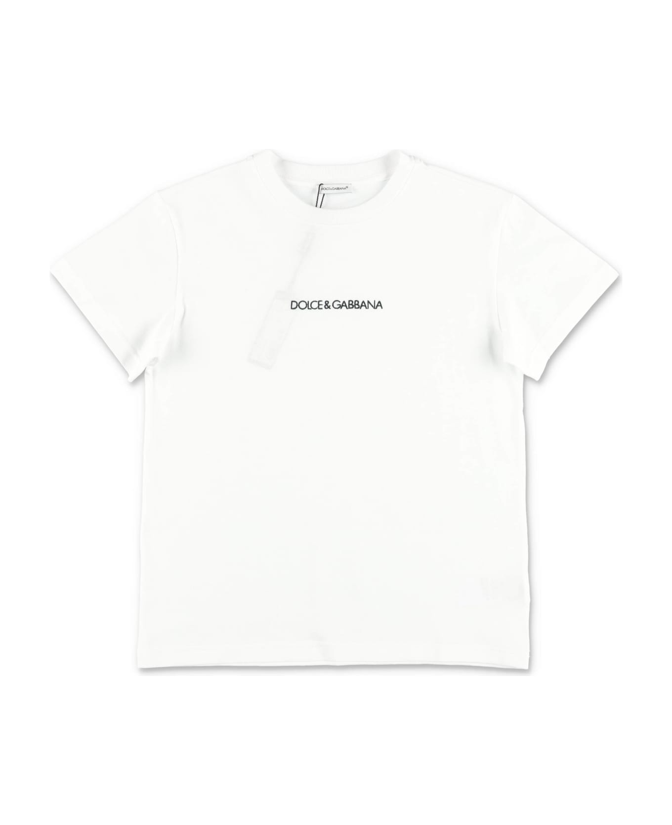 Dolce & Gabbana T-shirt Bianca In Jersey Di Cotone Con Lettering Logo - Bianco