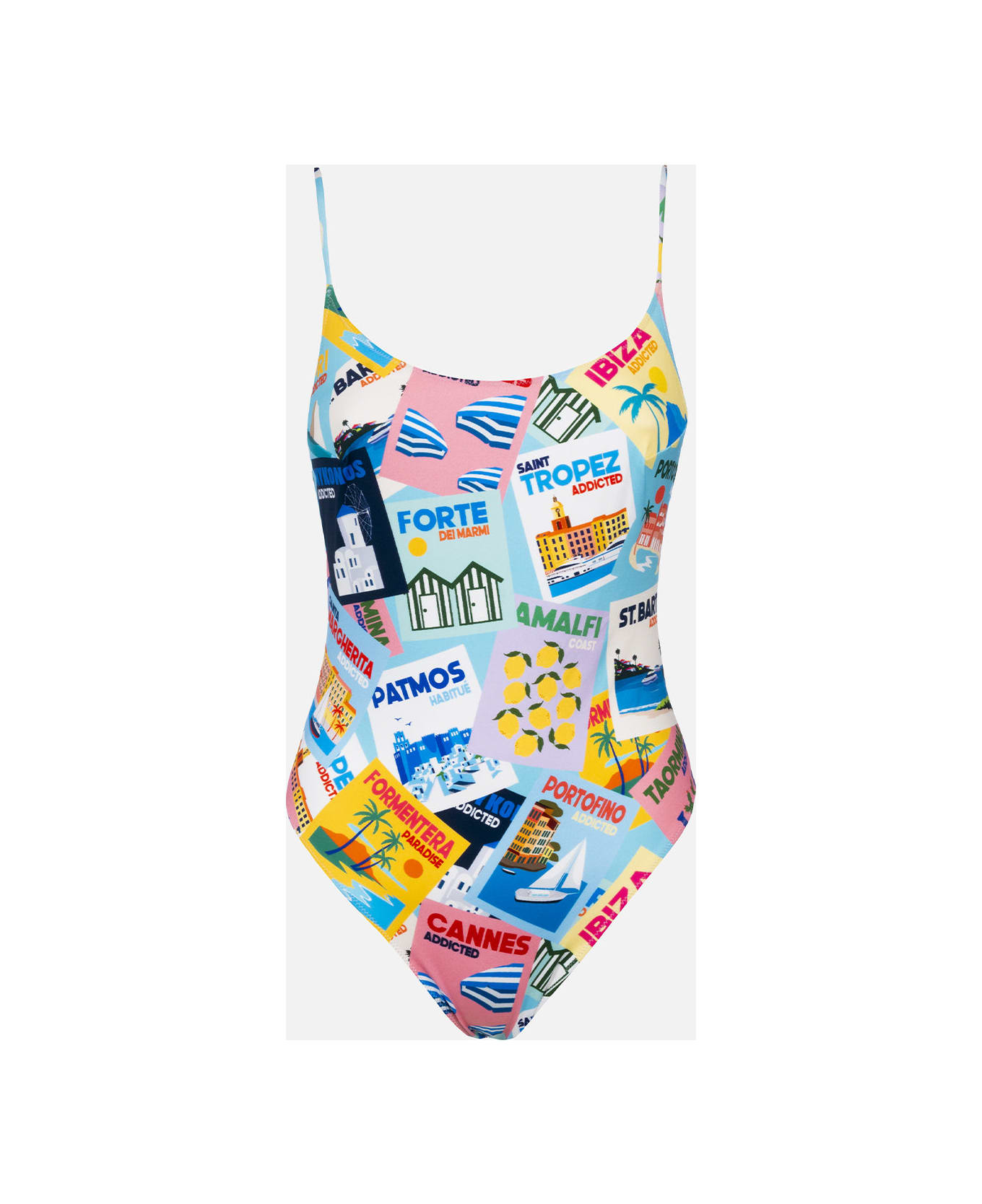 MC2 Saint Barth Woman One-piece Swimsuit Cecille With Postcards Print - BLUE