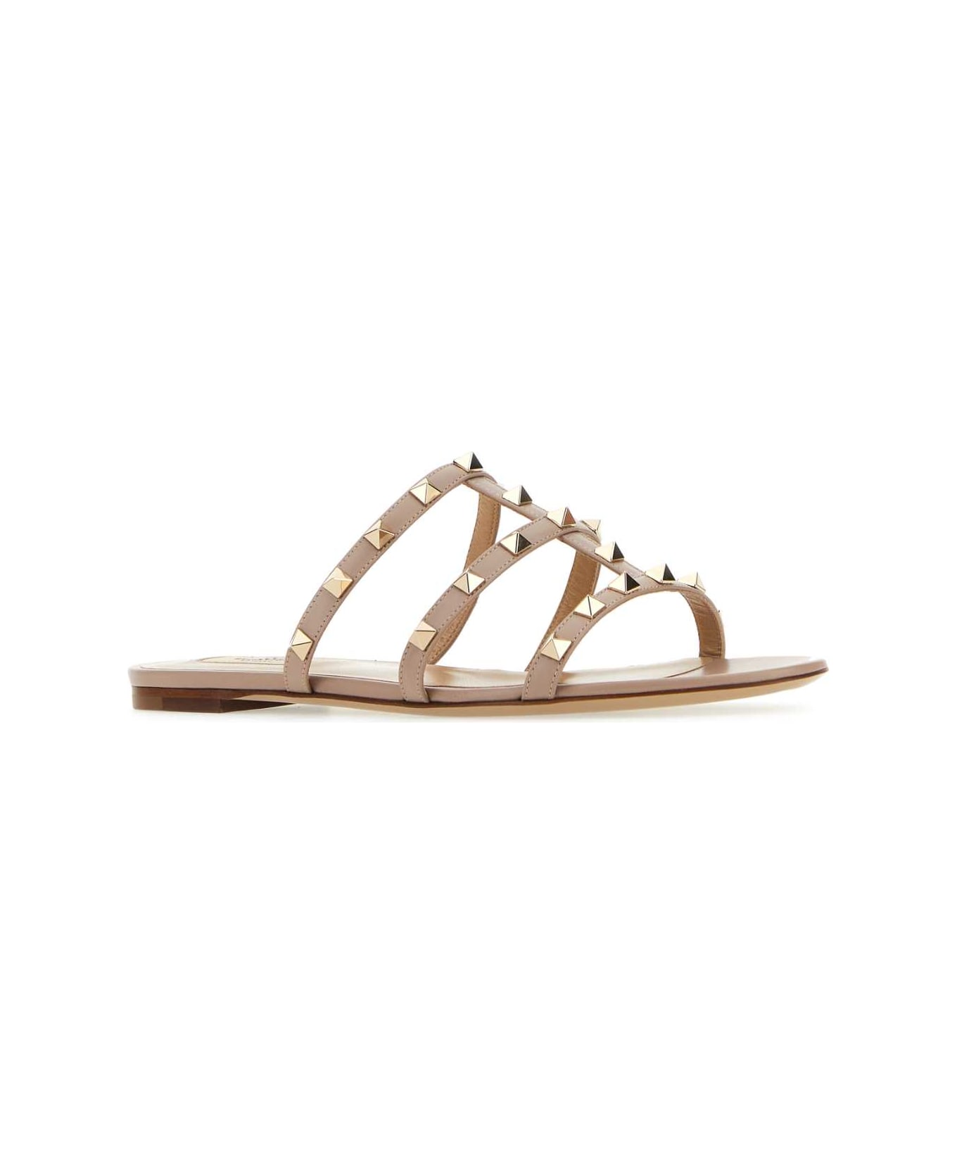 Valentino Garavani Antiqued Pink Leather Rockstud Slippers - POUDRE