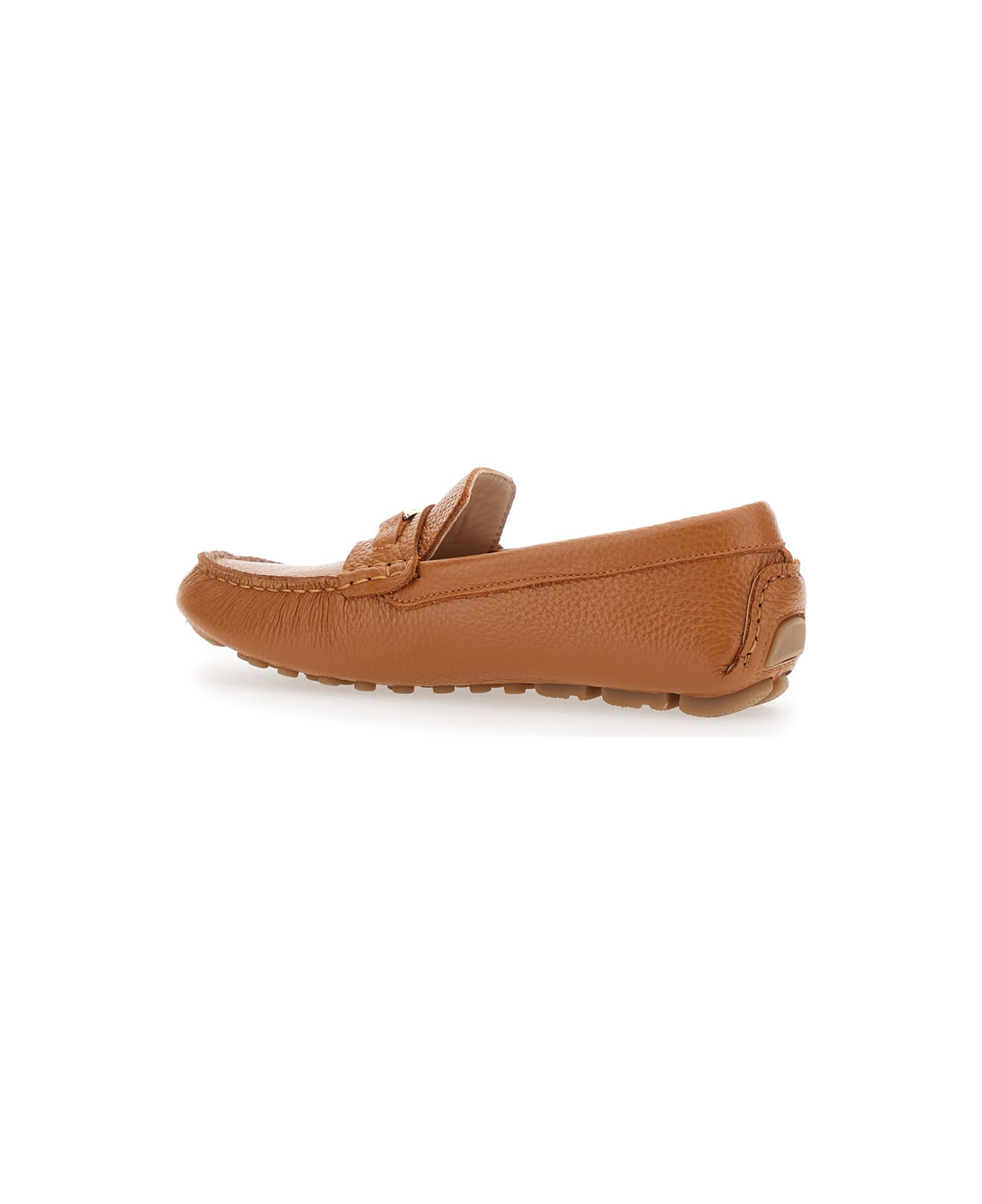 Pollini Brown Loafers With Logo Plaqe On The Front In Grained Leather Woman - Brown