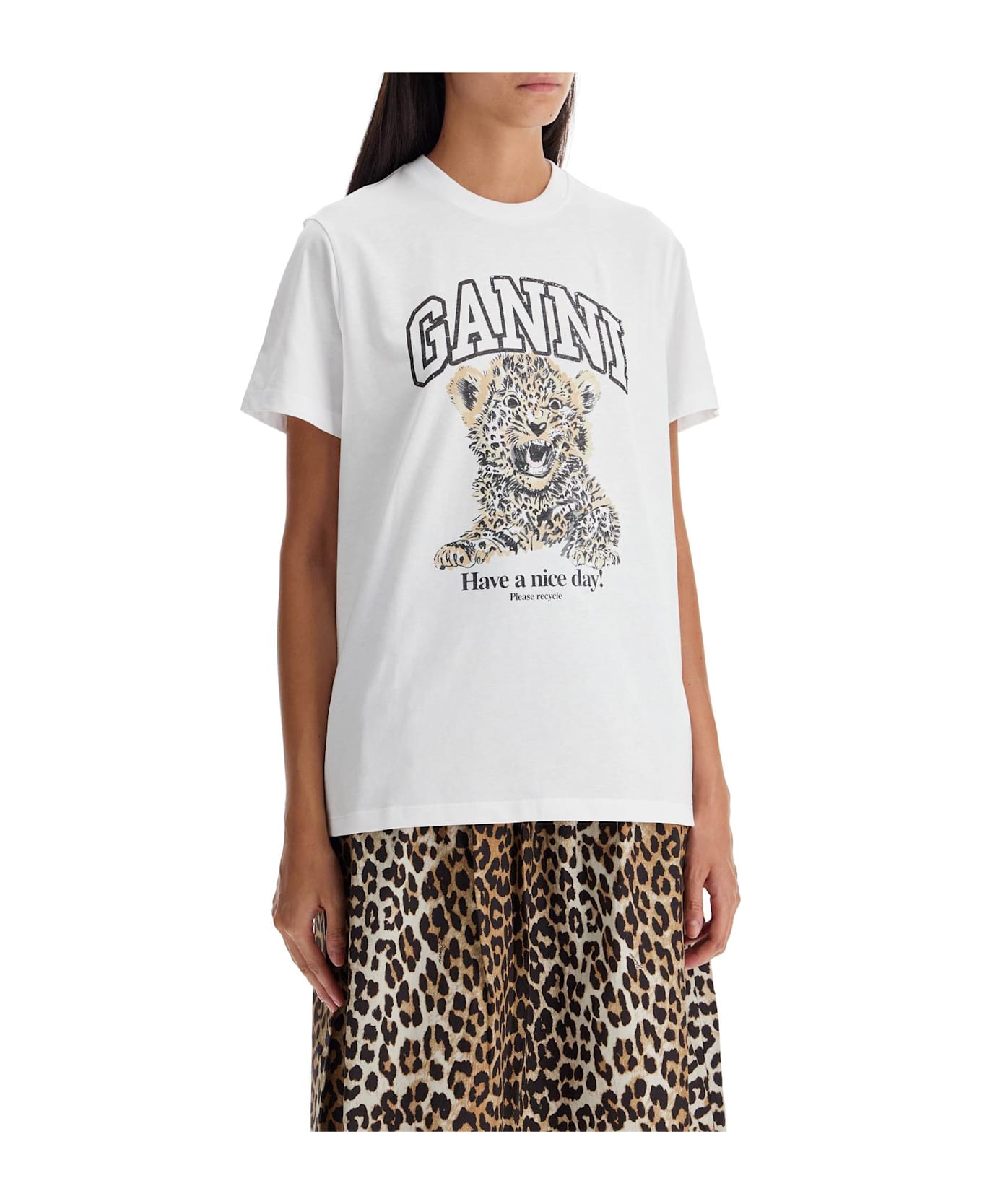 Ganni 
leopard
 White Cotton T-shirt - Leopard Tシャツ