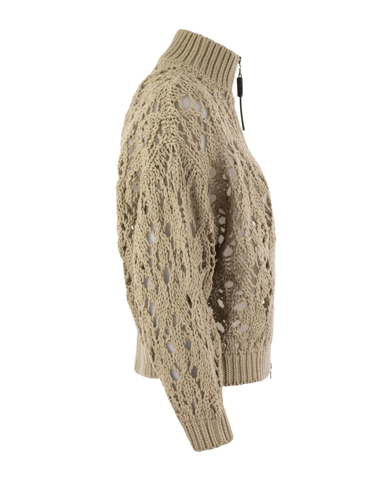 Brunello Cucinelli Soft Feather Cotton Lace Stitch Cardigan With Precious Zipper Pull - Beige