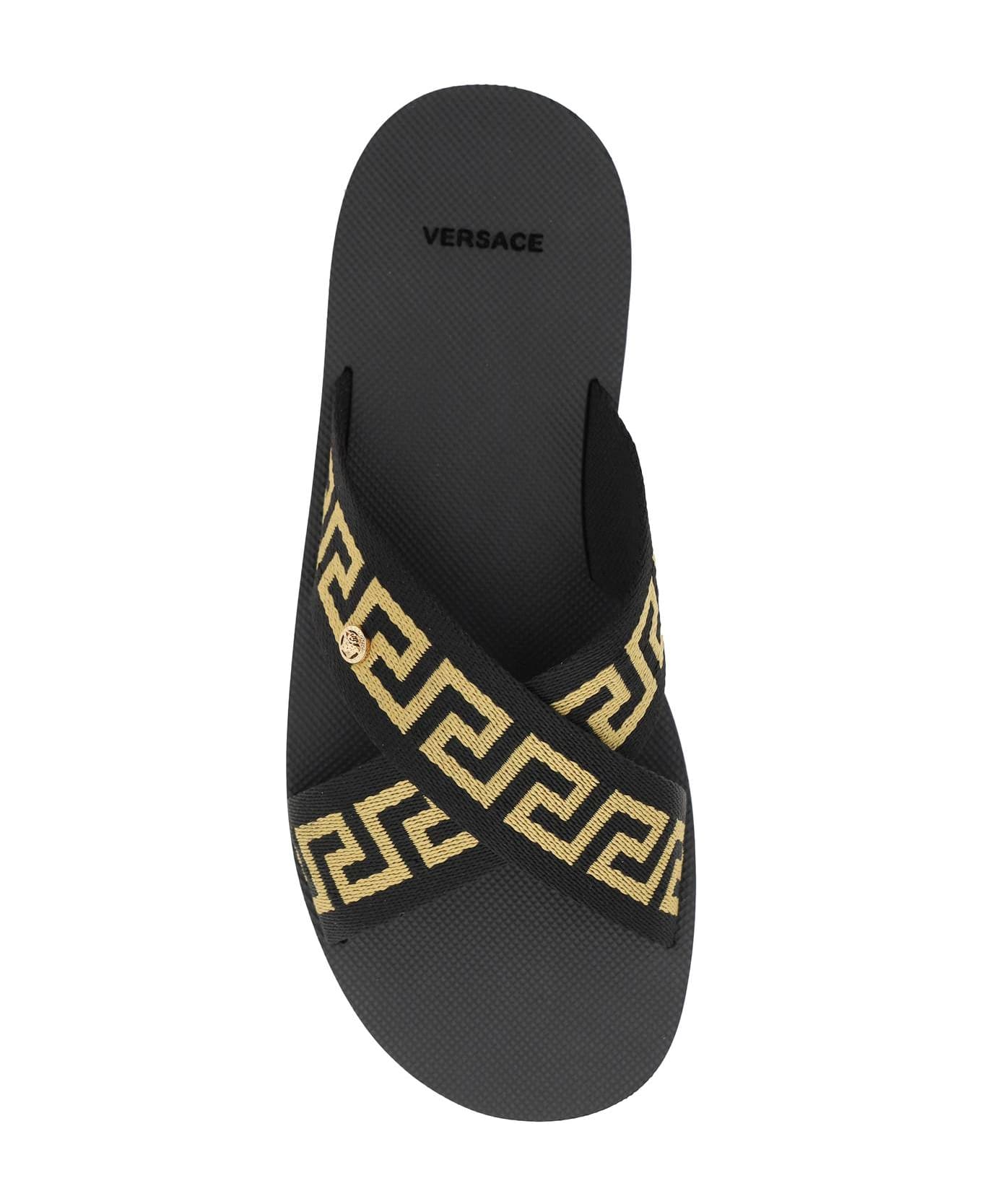 Versace Criss-crossed Greca Ribbon Sandals - Nero