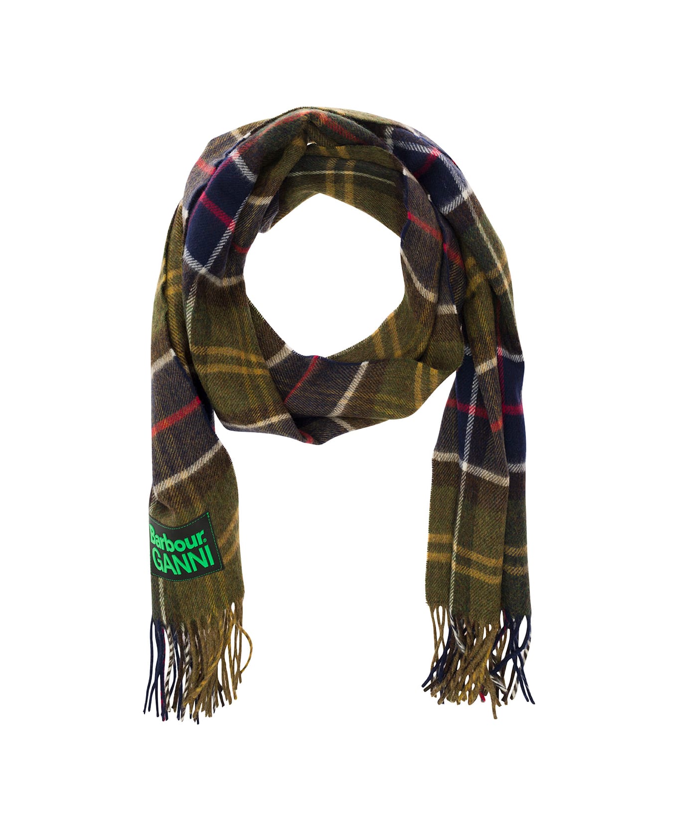 Barbour Multicolor Scarf With Check Motif And Double Logo In Wool Woman - Green スカーフ＆ストール