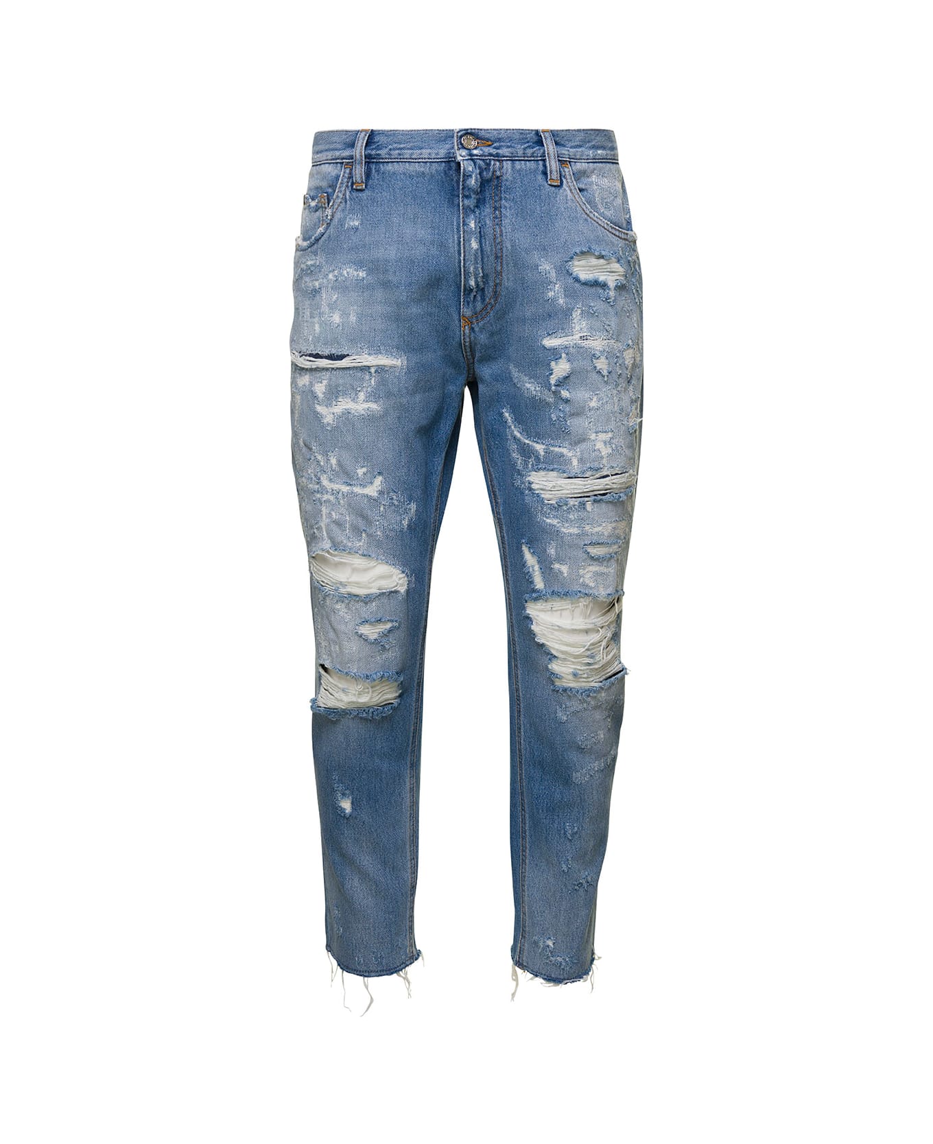 Dolce & Gabbana Light Blue Ripped Jeans With Logo Plaque In Cotton Denim Man - Blu