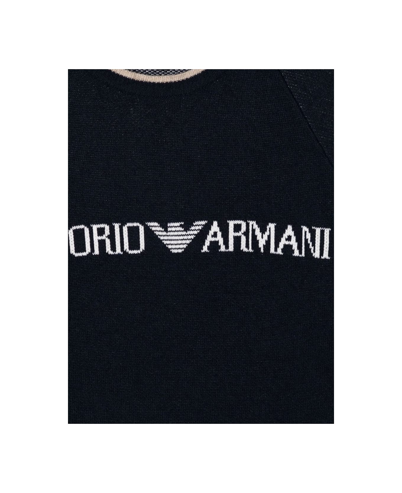 Emporio Armani Round Neck Pullover Logo Stripes On The Wrists - BLUE