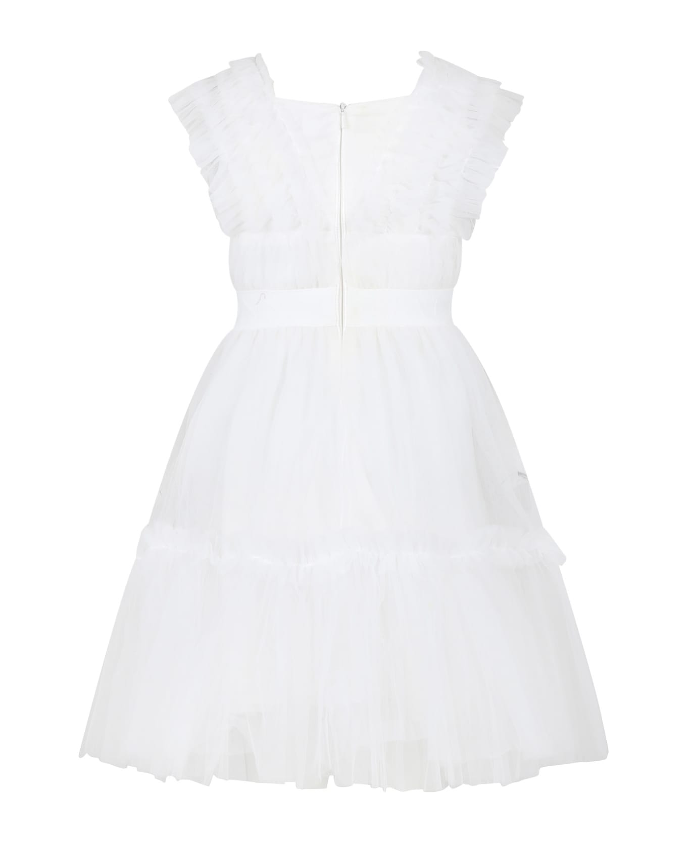 Monnalisa Elegant White Dress For Girl With Tulle - White