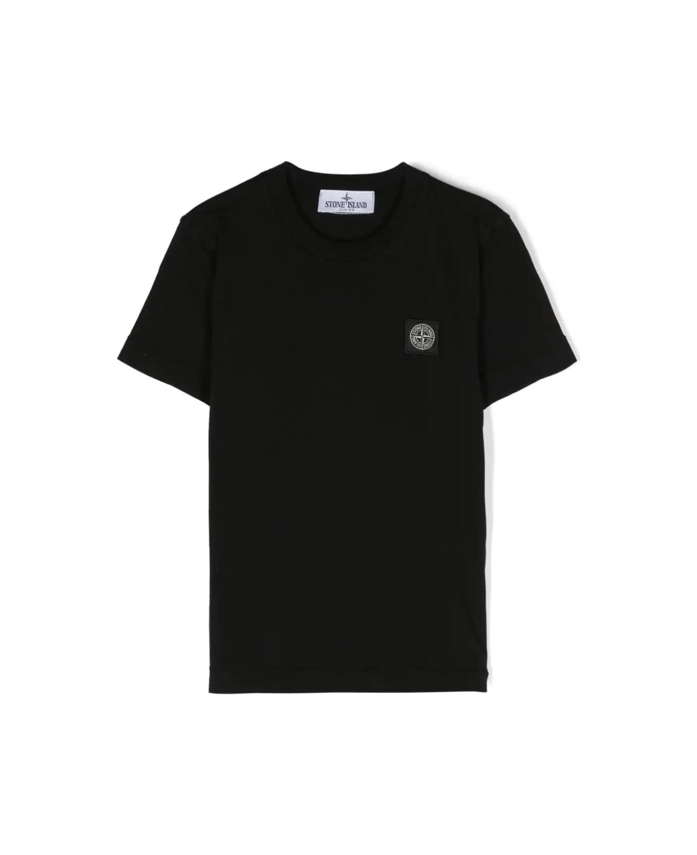 Stone Island Junior Black T-shirt With Logo Patch - Black