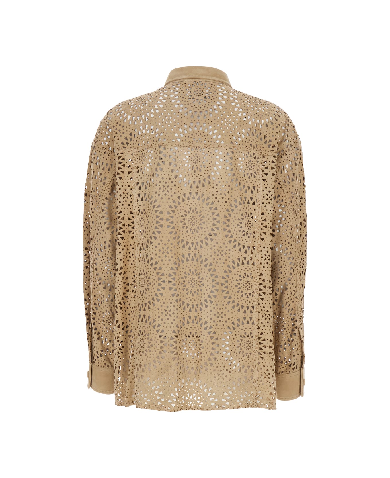 Eleventy Beige Shirt With Classic Collar And All-over Perforated Motif In Suede Woman - Beige