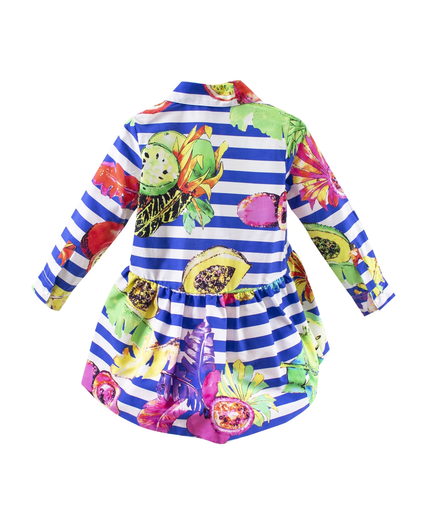 Stella Jean Little Girl Dress With Blue Stripes With Fruits - Blue