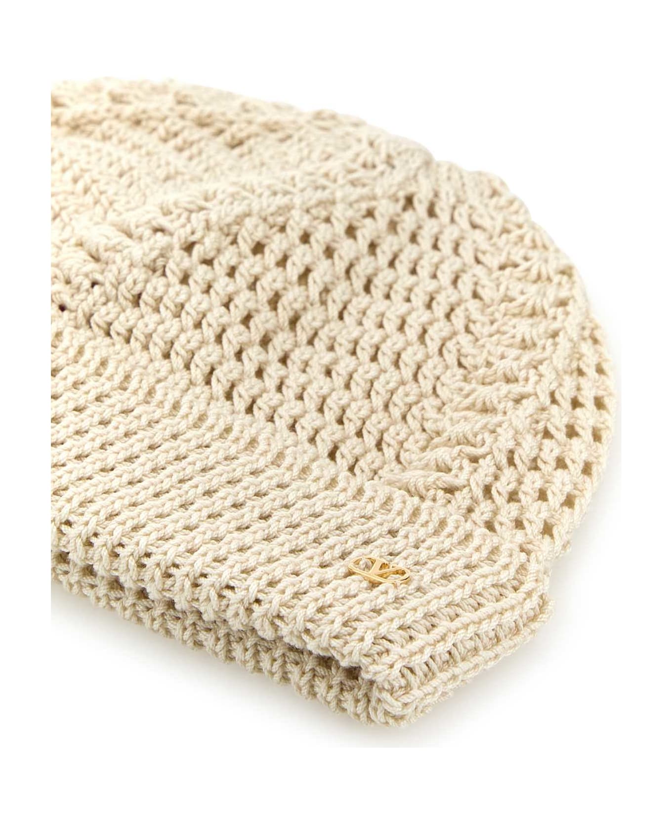Valentino Garavani Sand Cotton Knitted Vlogo Signature Beanie Hat - BURRO