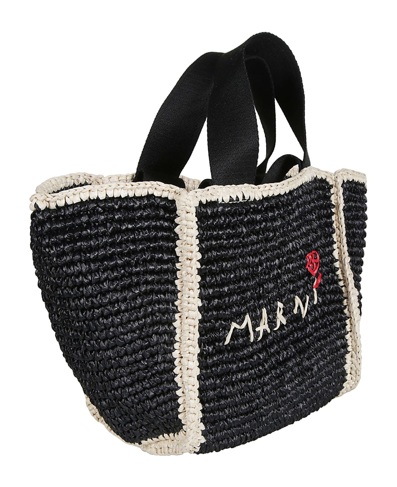 Marni Logo Embroidered Woven Top Handle Tote - Black/White トートバッグ