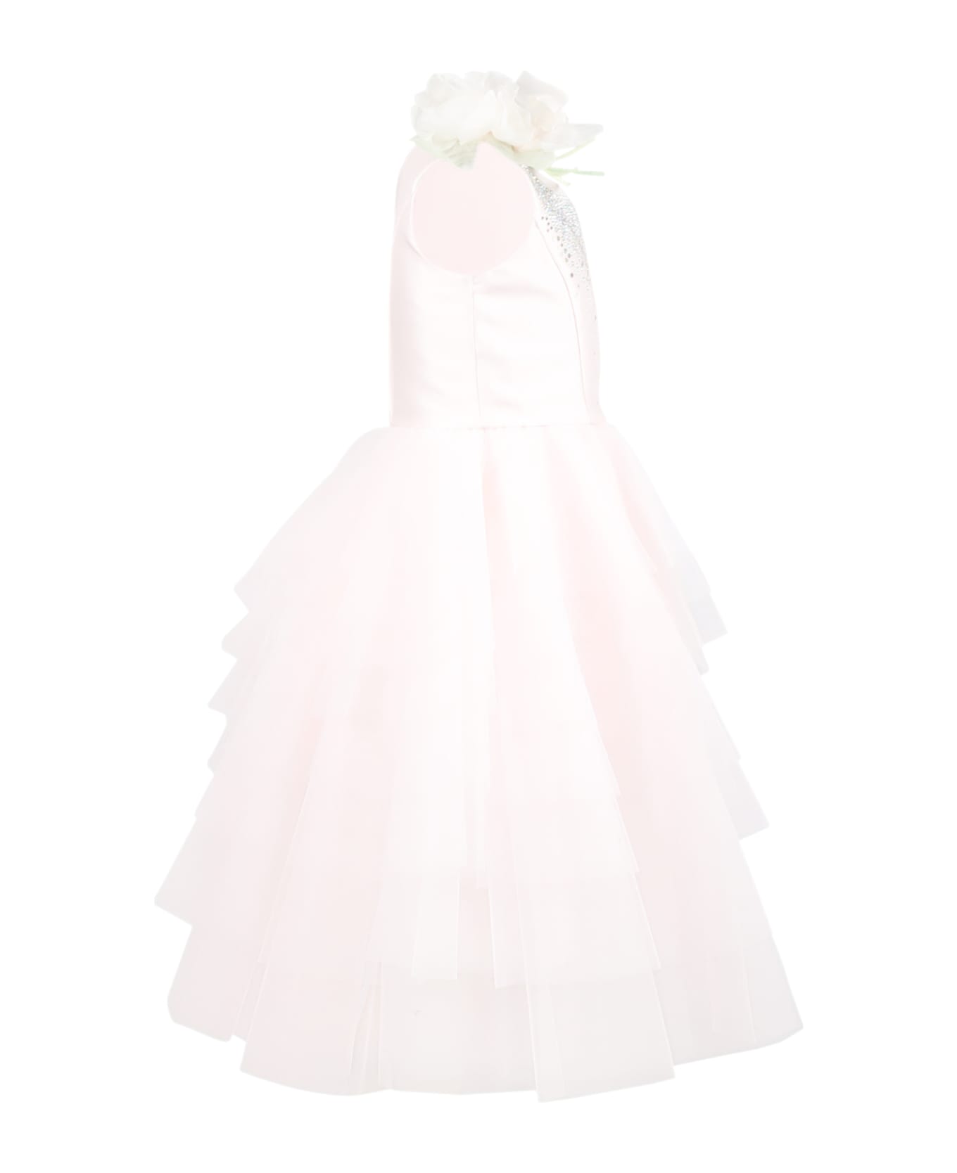 Monnalisa Pink Dress For Girl With Rhinestones And Flowers - Pink