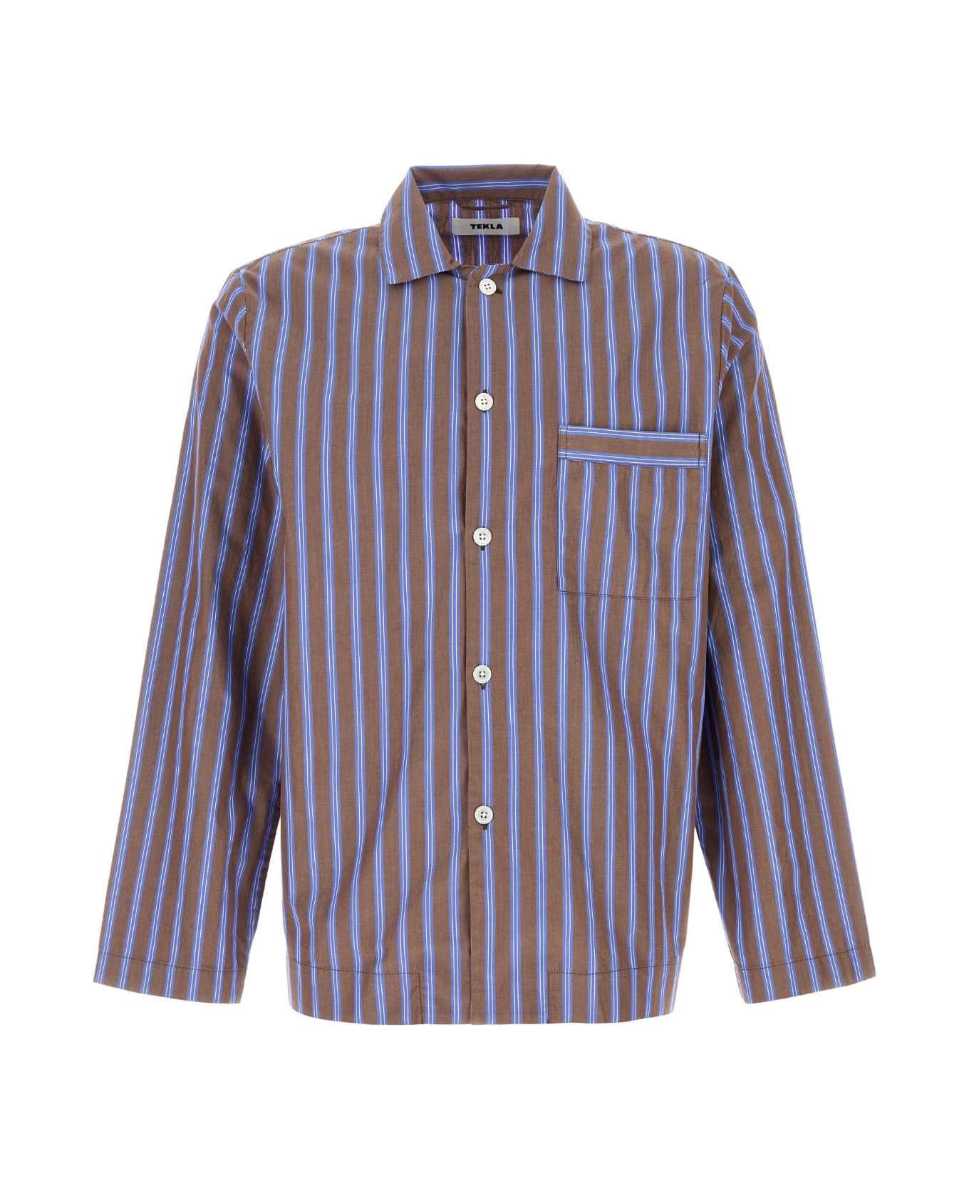 Tekla Embroidered Poplin Oversize Pyjama Shirt - CHESTNUTSTRIPES