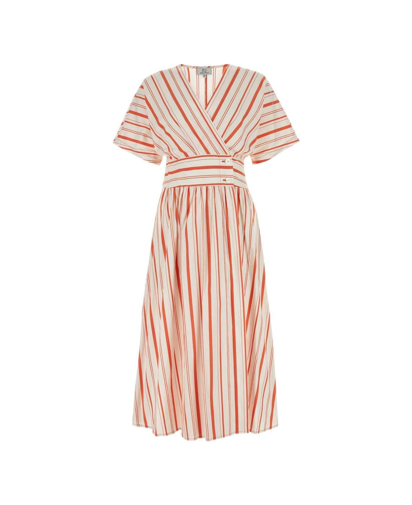 Woolrich Striped V-neck Short-sleeved Dress - Orange ワンピース＆ドレス