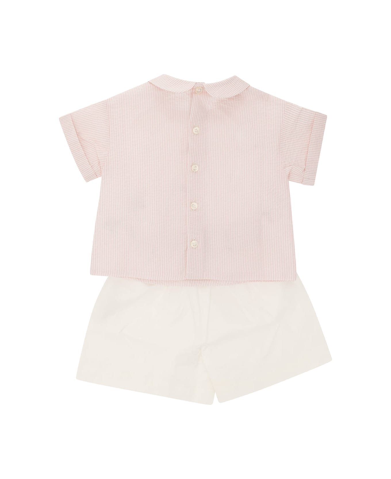 Il Gufo Pink And White Shirt And Shorts Suit In Stretch Cotton Girl - Pink ボディスーツ＆セットアップ