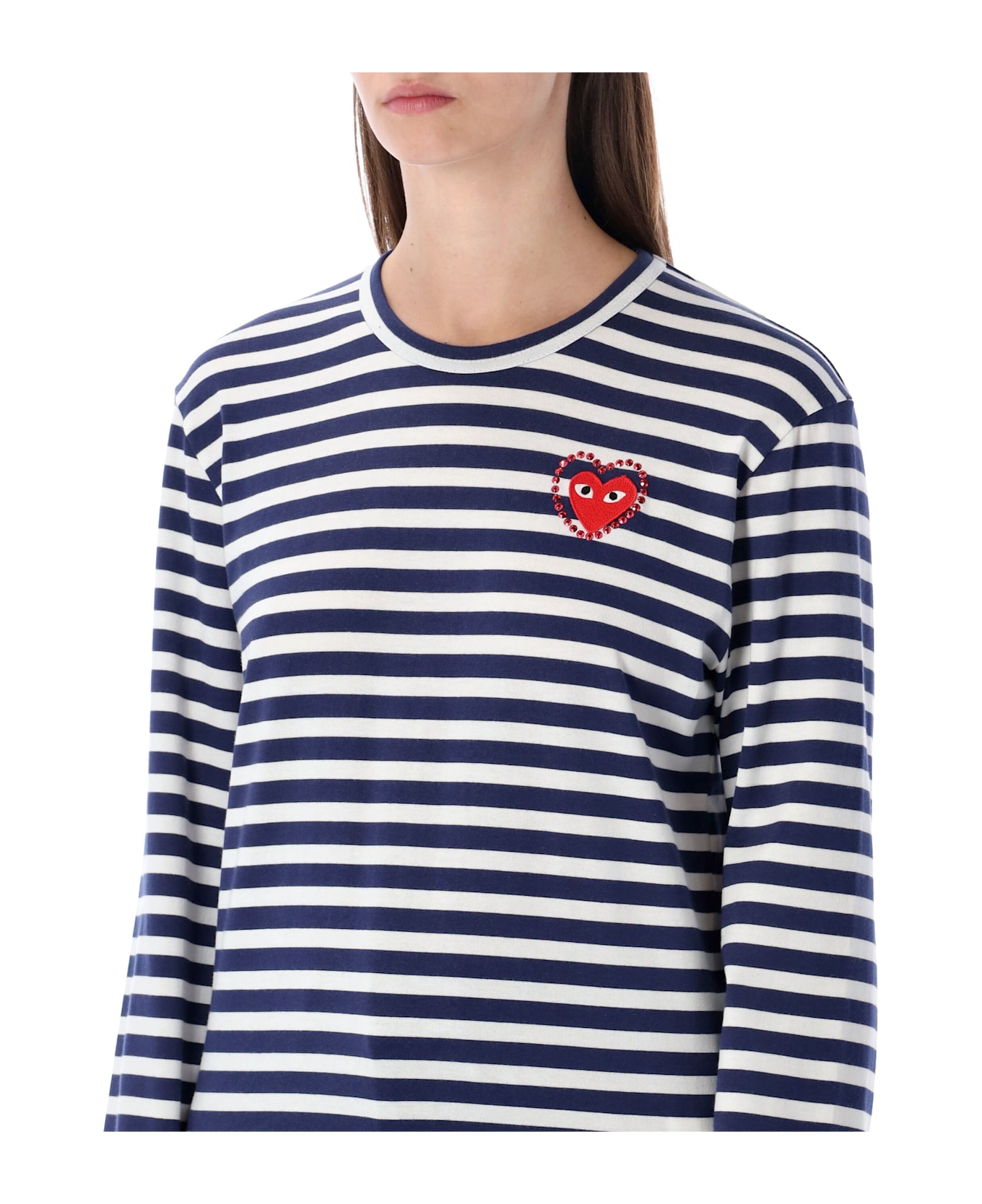 Comme des Garçons Play Striped Navy And White T-shirt With Crystal Heart - NAVY/WHITE
