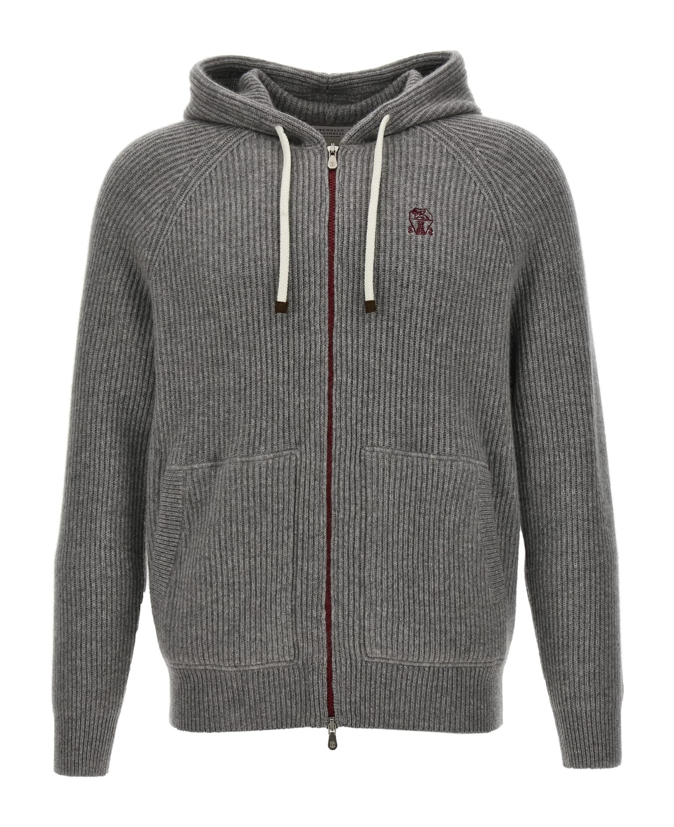 Brunello Cucinelli Logo Embroidered Hooded Cardigan - Grey