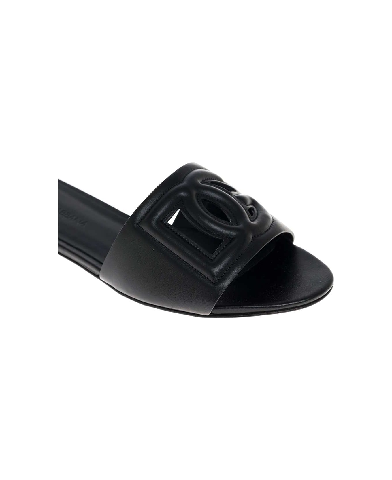Dolce & Gabbana Black Leather Mules With Logo - Black