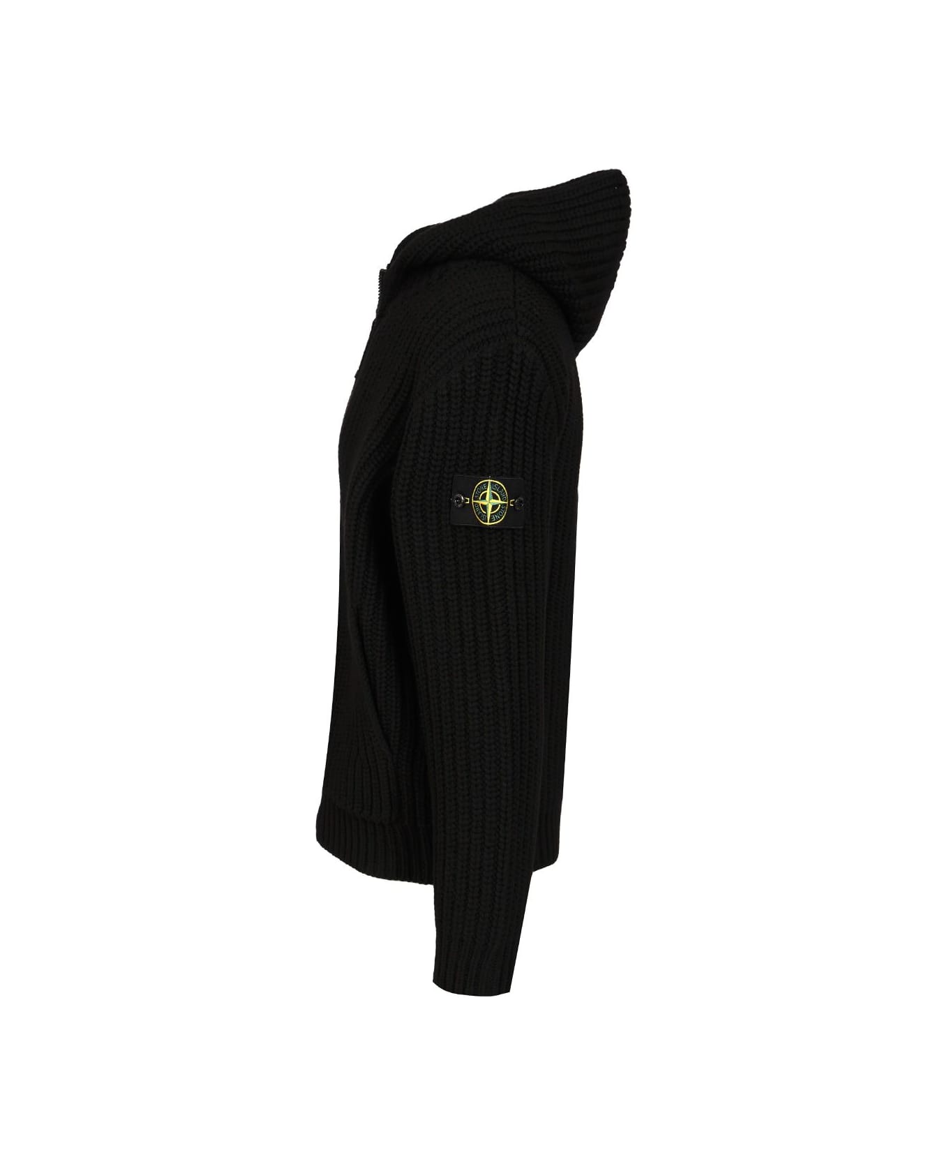 Stone Island Wool And Cashmere Hooded Cardigan - BLACK