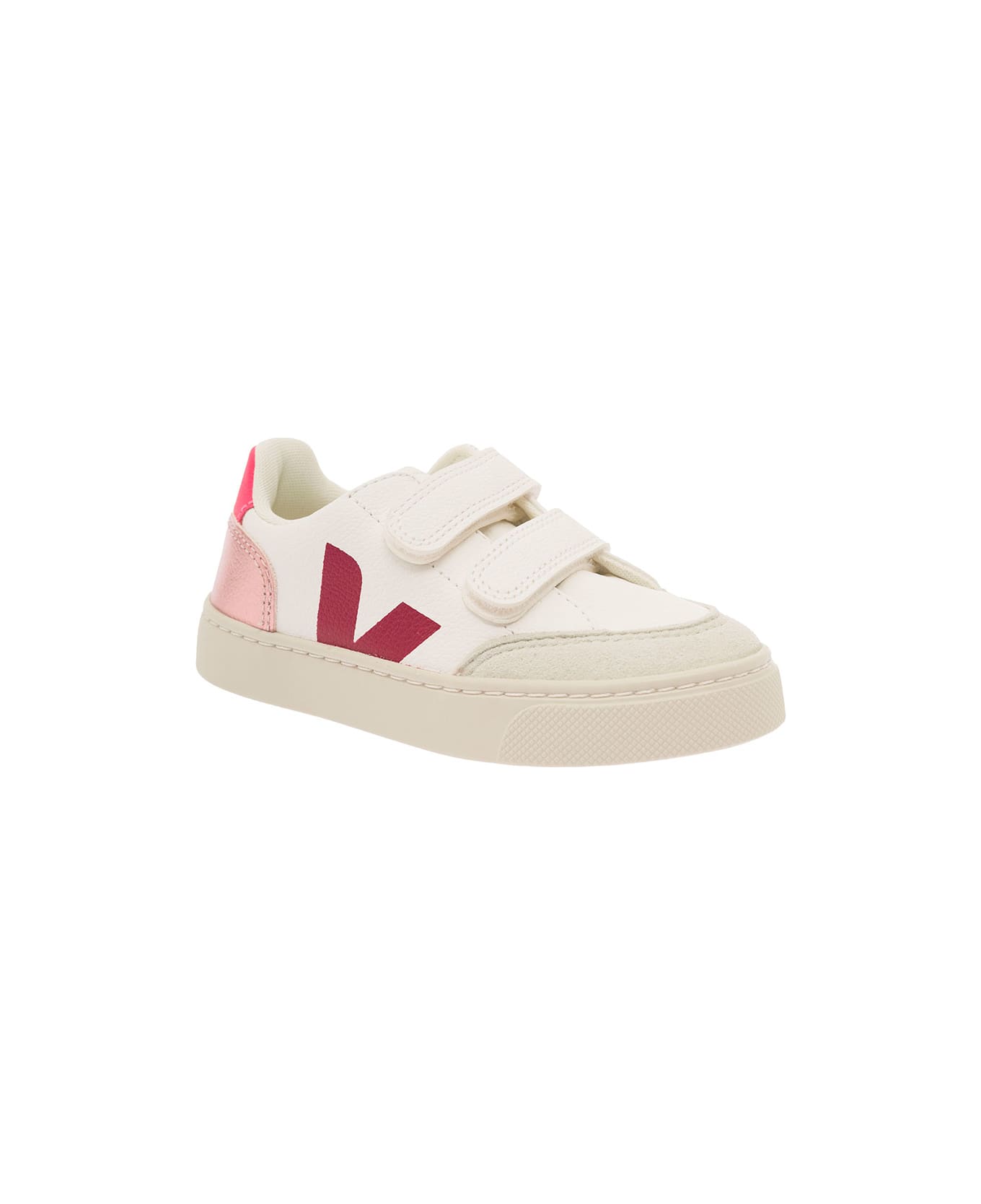 Veja White Sneaker With Fuchsia Logo And Heel Tab In Leather Girl - Multicolor