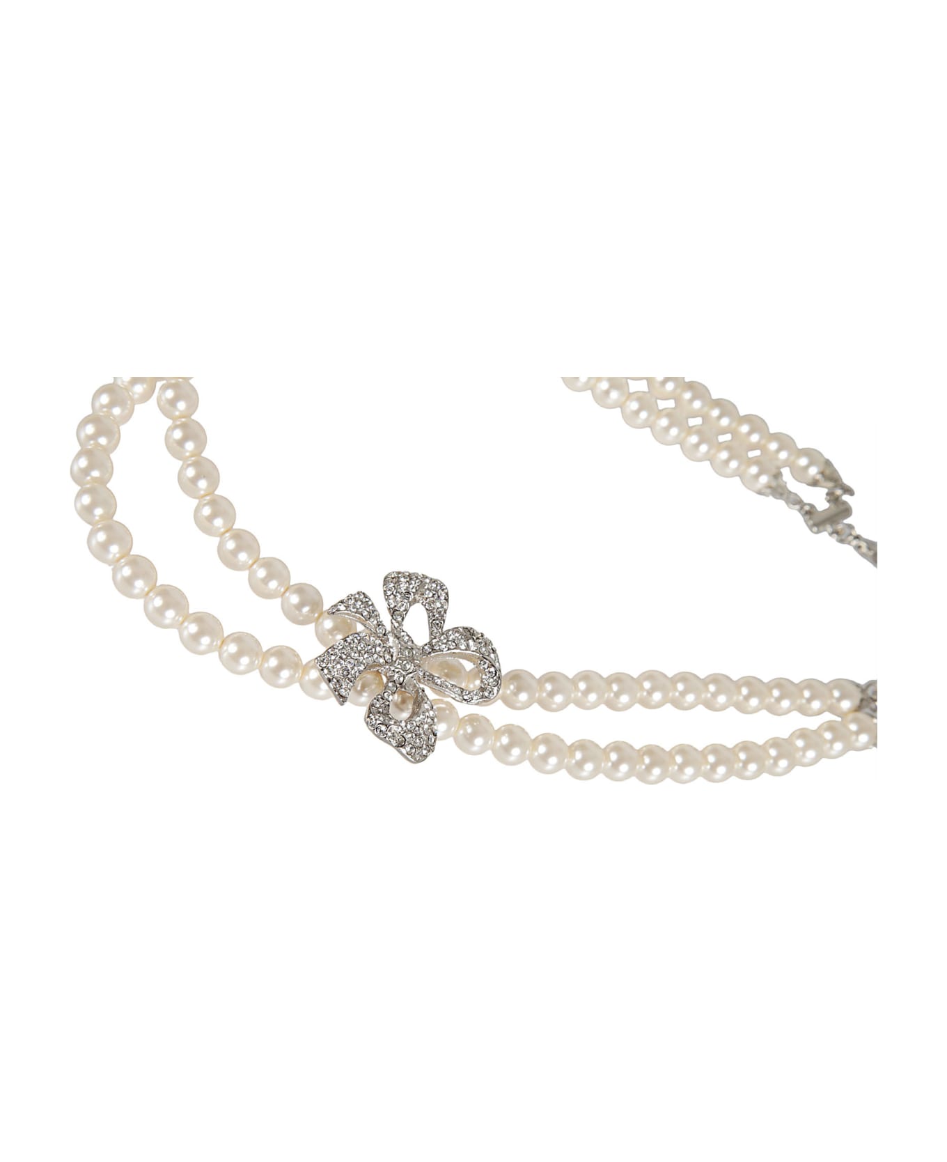 Alessandra Rich Bow Detail Pearl Embellished Necklace - Pearl Silver ネックレス
